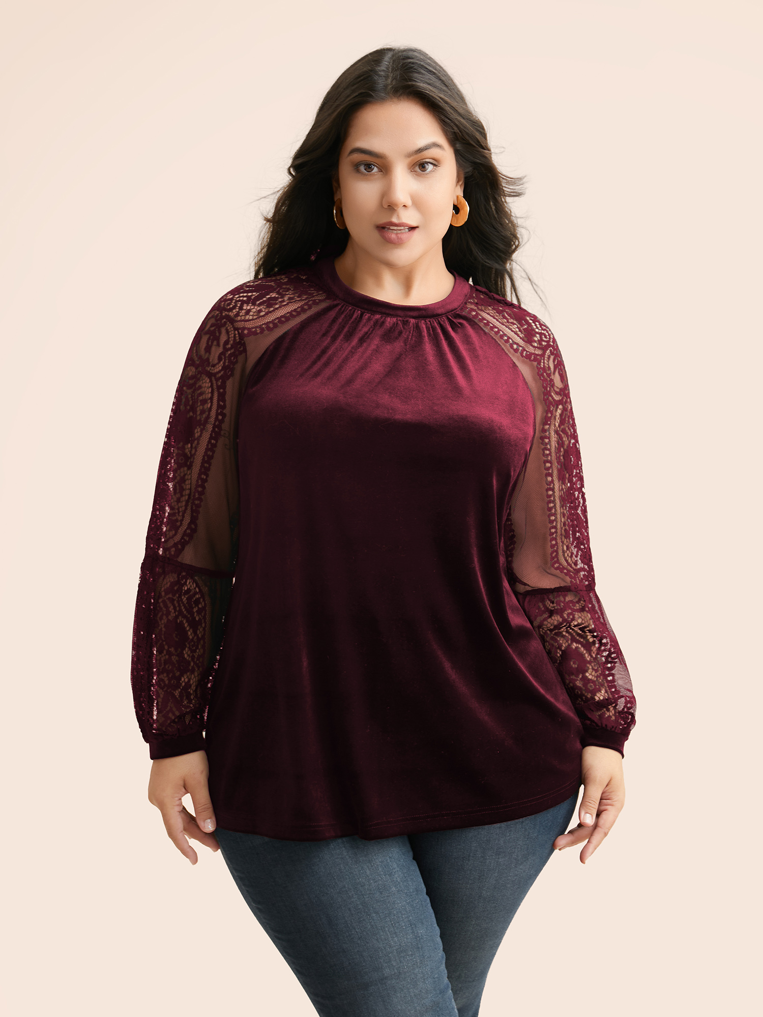 

Plus Size Burgundy Lace Patchwork Velvet Raglan Sleeve Blouse Women Elegant Long Sleeve Stand-up collar Everyday Blouses BloomChic