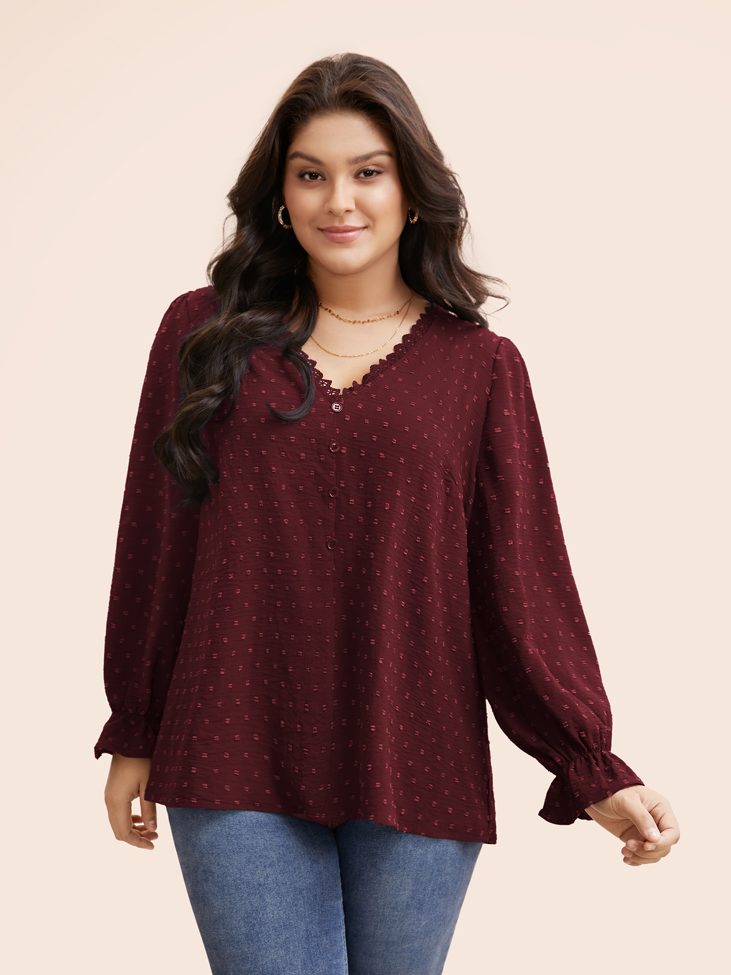 

Plus Size Burgundy Textured Lace Trim Patchwork Ruffles Blouse Women Elegant Long Sleeve V-neck Everyday Blouses BloomChic