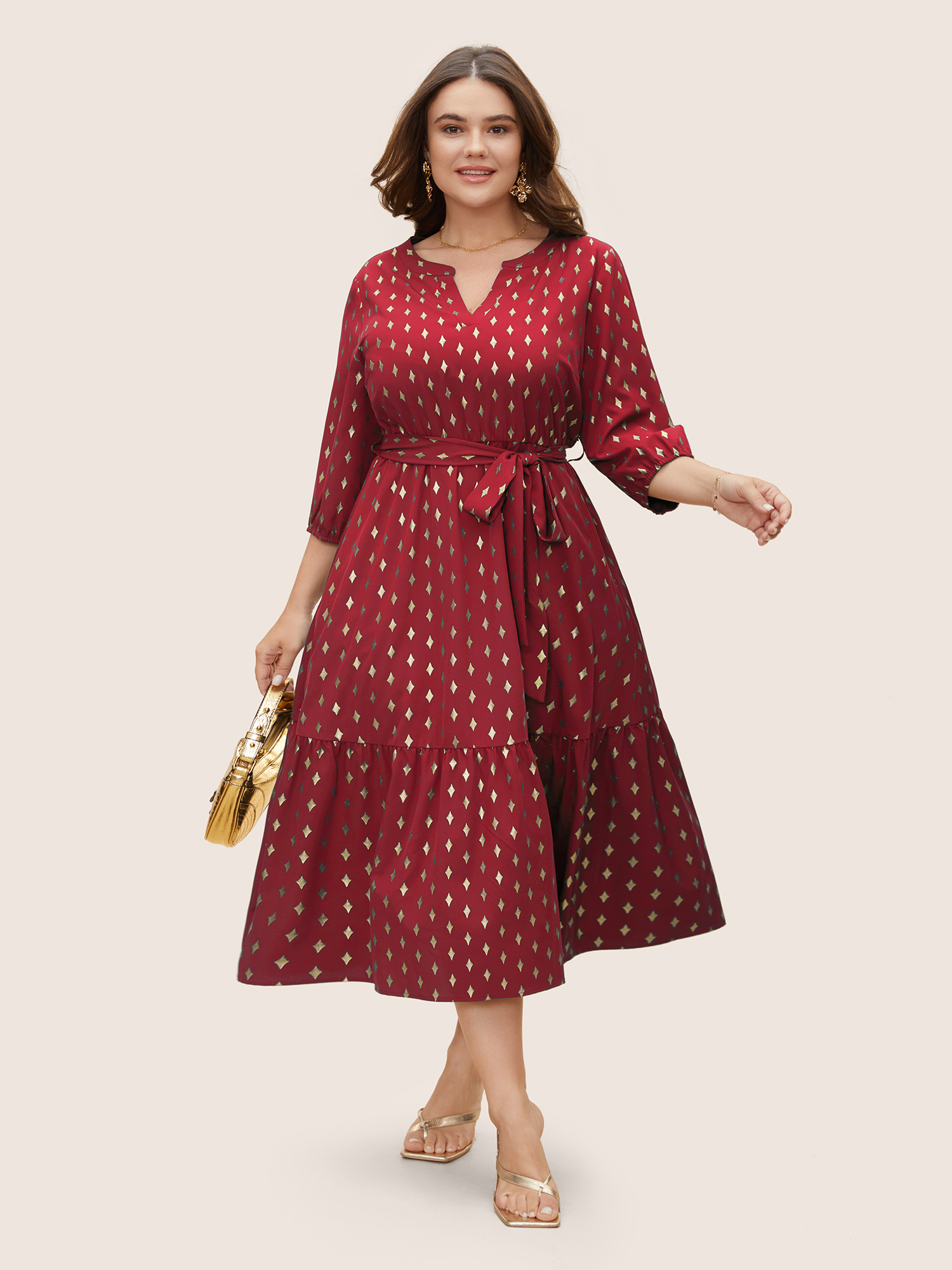 

Plus Size Glitter Notched Lantern Sleeve Midi Dress Burgundy Women Formal Gathered Notched collar Elbow-length sleeve Curvy BloomChic