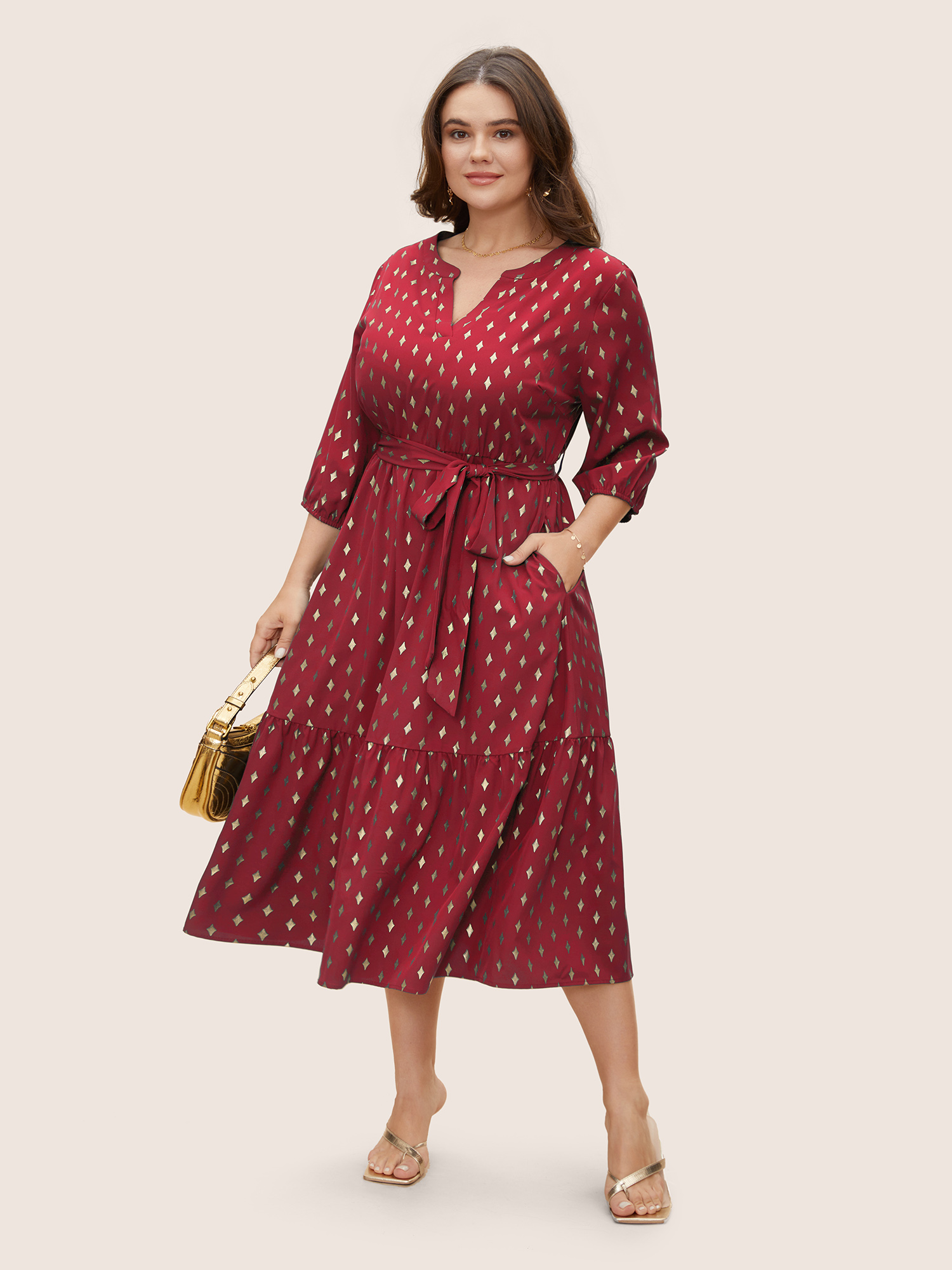 

Plus Size Glitter Notched Lantern Sleeve Midi Dress Burgundy Women Formal Gathered Notched collar Elbow-length sleeve Curvy BloomChic