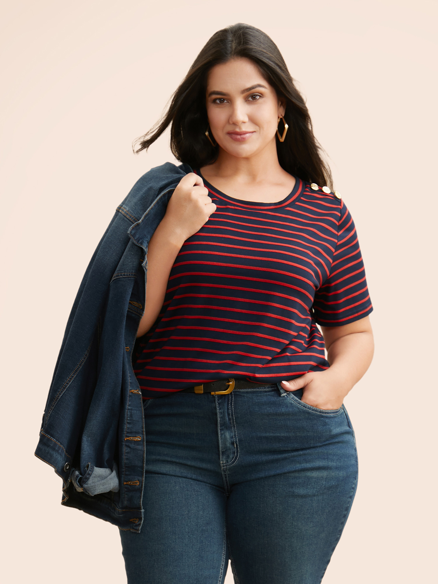 

Plus Size Crew Neck Striped Button Detail T-shirt Midnight Women Casual Button Round Neck Everyday T-shirts BloomChic