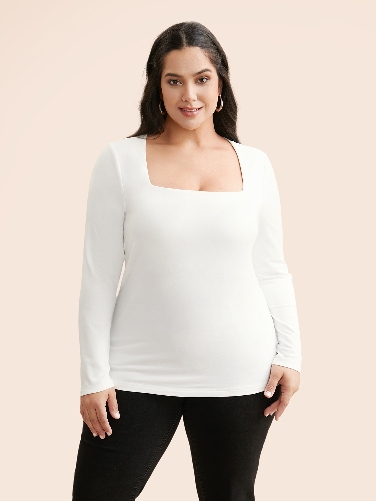 Plus Size Supersoft Essentials Solid Square Neck T-shirt WhiteSmoke Women Casual Non Square Neck Skinny Everyday T-shirts BloomChic 10/M 