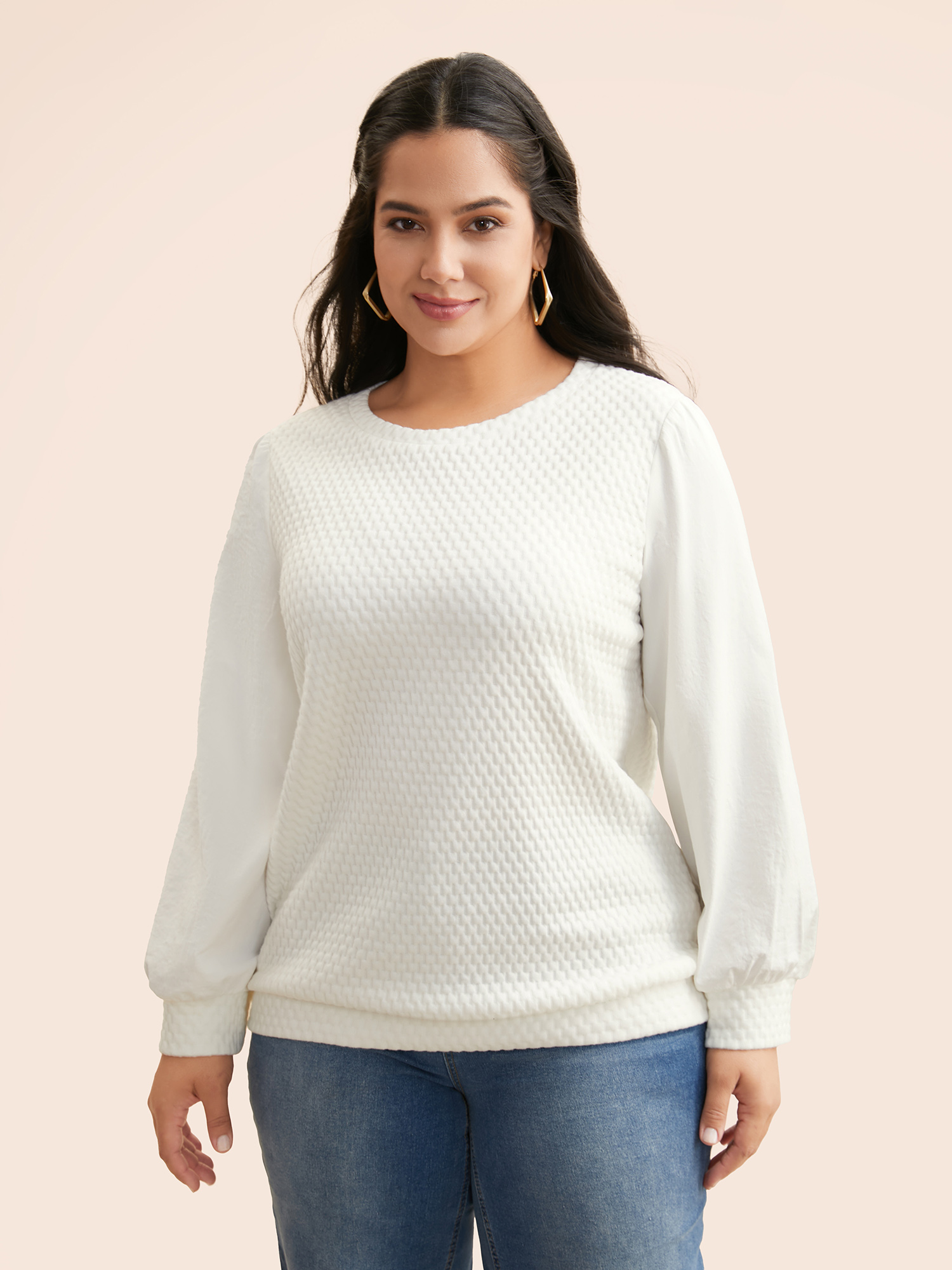 

Plus Size Round Neck Texture Patchwork Sweatshirt Women Opticwhite Casual Texture Round Neck Everyday Sweatshirts BloomChic