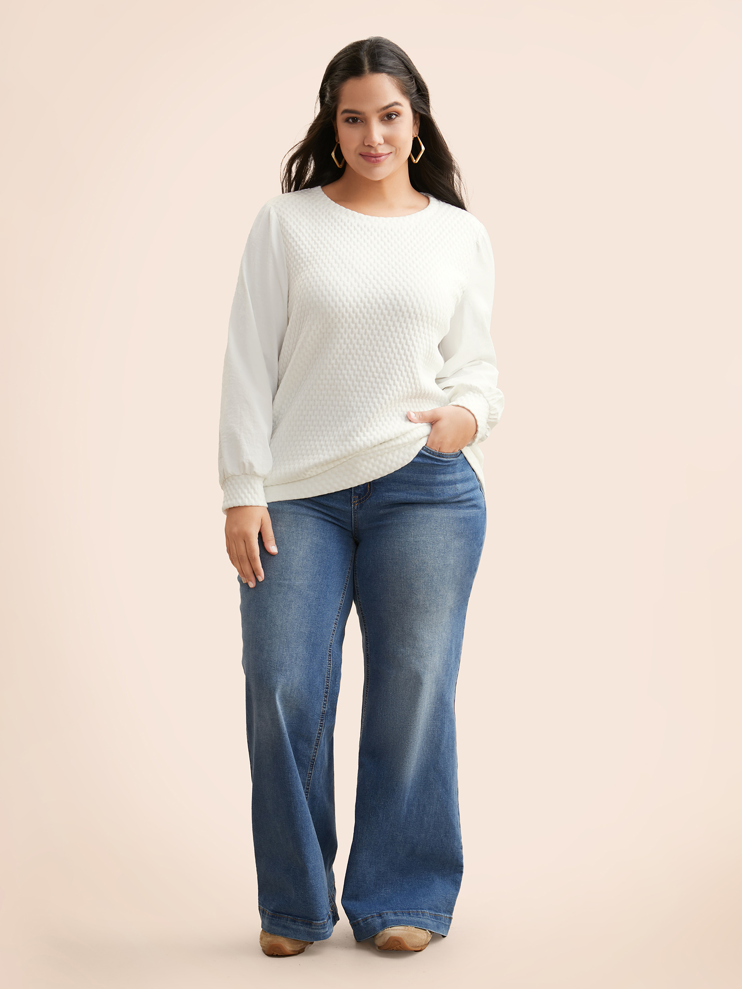 Plus Size Round Neck Texture Patchwork Sweatshirt Women Opticwhite Casual Texture Round Neck Everyday Sweatshirts BloomChic 12/L 