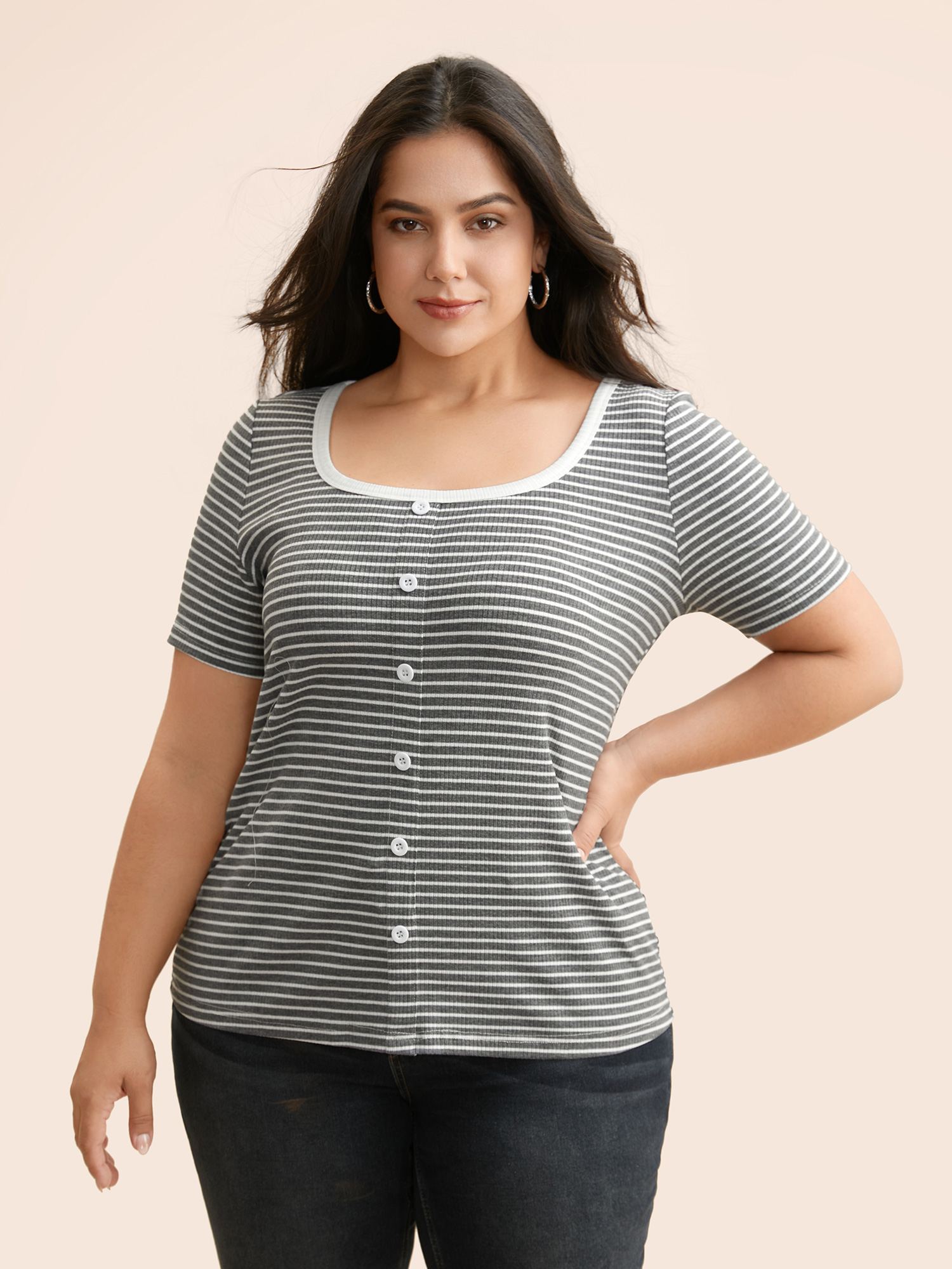 

Plus Size U Neck Striped Button Detail T-shirt DimGray Women Casual Texture U-neck Everyday T-shirts BloomChic