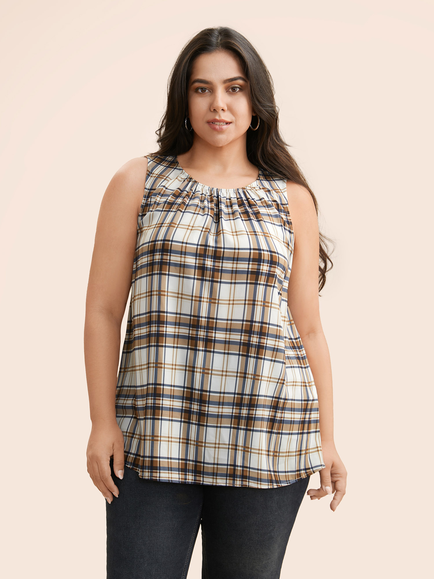 

Plus Size Crew Neck Plaid Gathered Tank Top Women Multicolor Casual Gathered Ribbon-tied collar Everyday Tank Tops Camis BloomChic