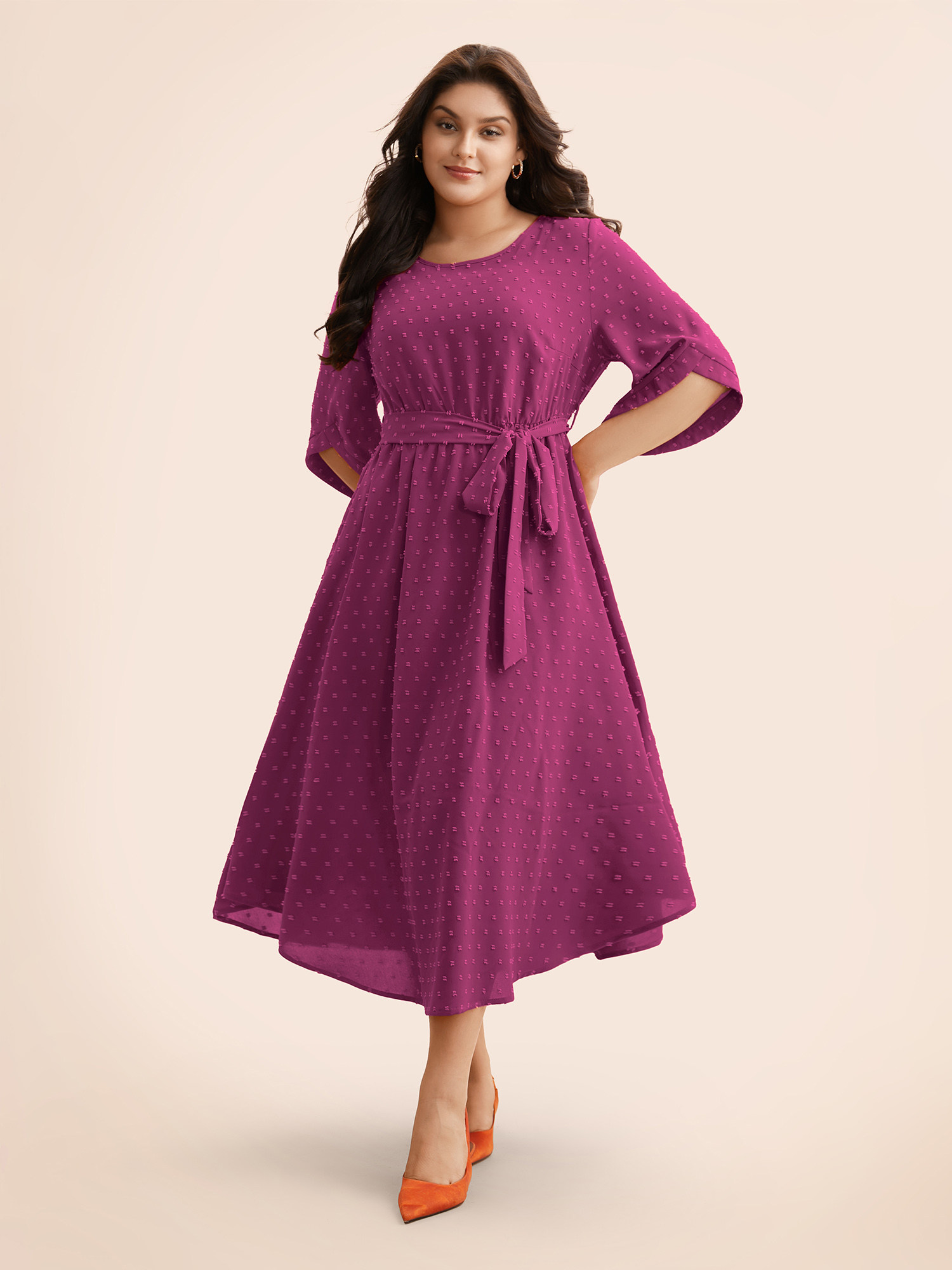 

Plus Size Textured Bell Sleeve Belted Arc Hem Dress RedViolet Women Elegant Texture Round Neck Elbow-length sleeve Curvy BloomChic