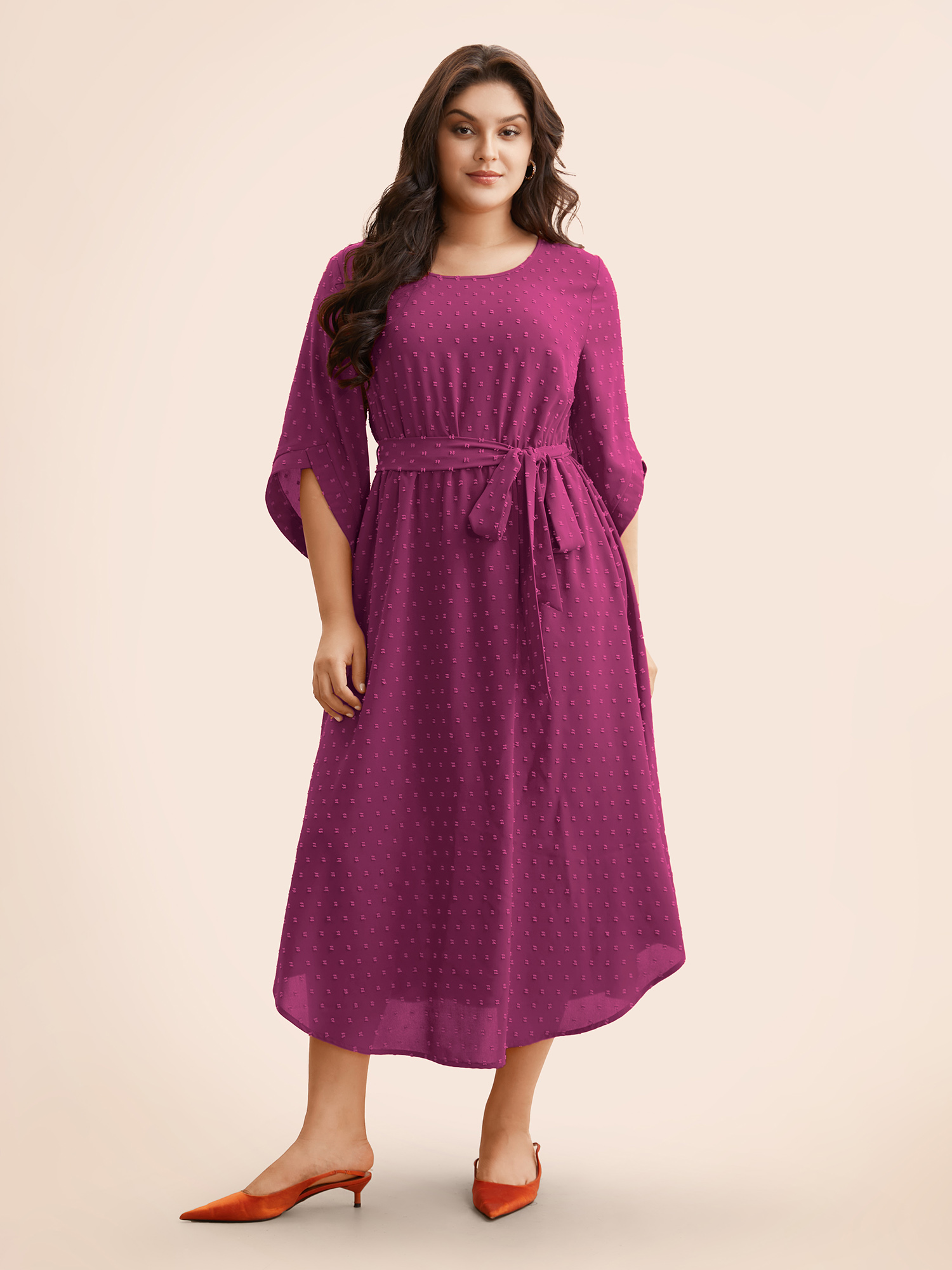 

Plus Size Textured Bell Sleeve Belted Arc Hem Dress RedViolet Women Elegant Texture Round Neck Elbow-length sleeve Curvy BloomChic