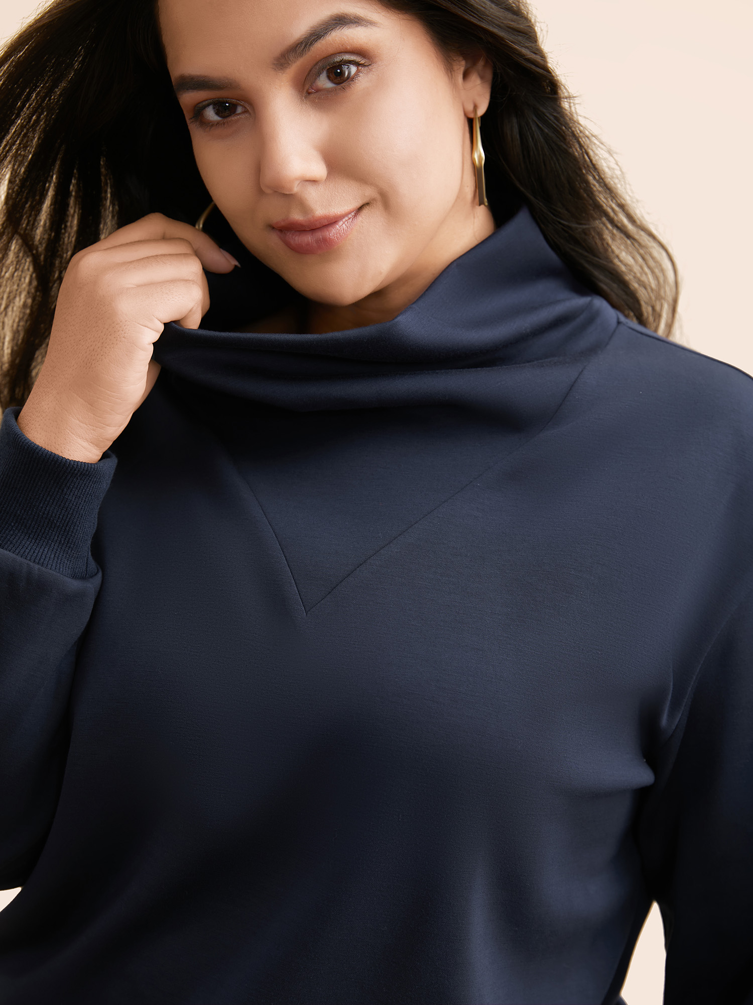 

Plus Size Ruffled Collar Plain Drop Shoulder Sweatshirt Women Indigo Casual Non Ruffled collar Everyday Sweatshirts BloomChic