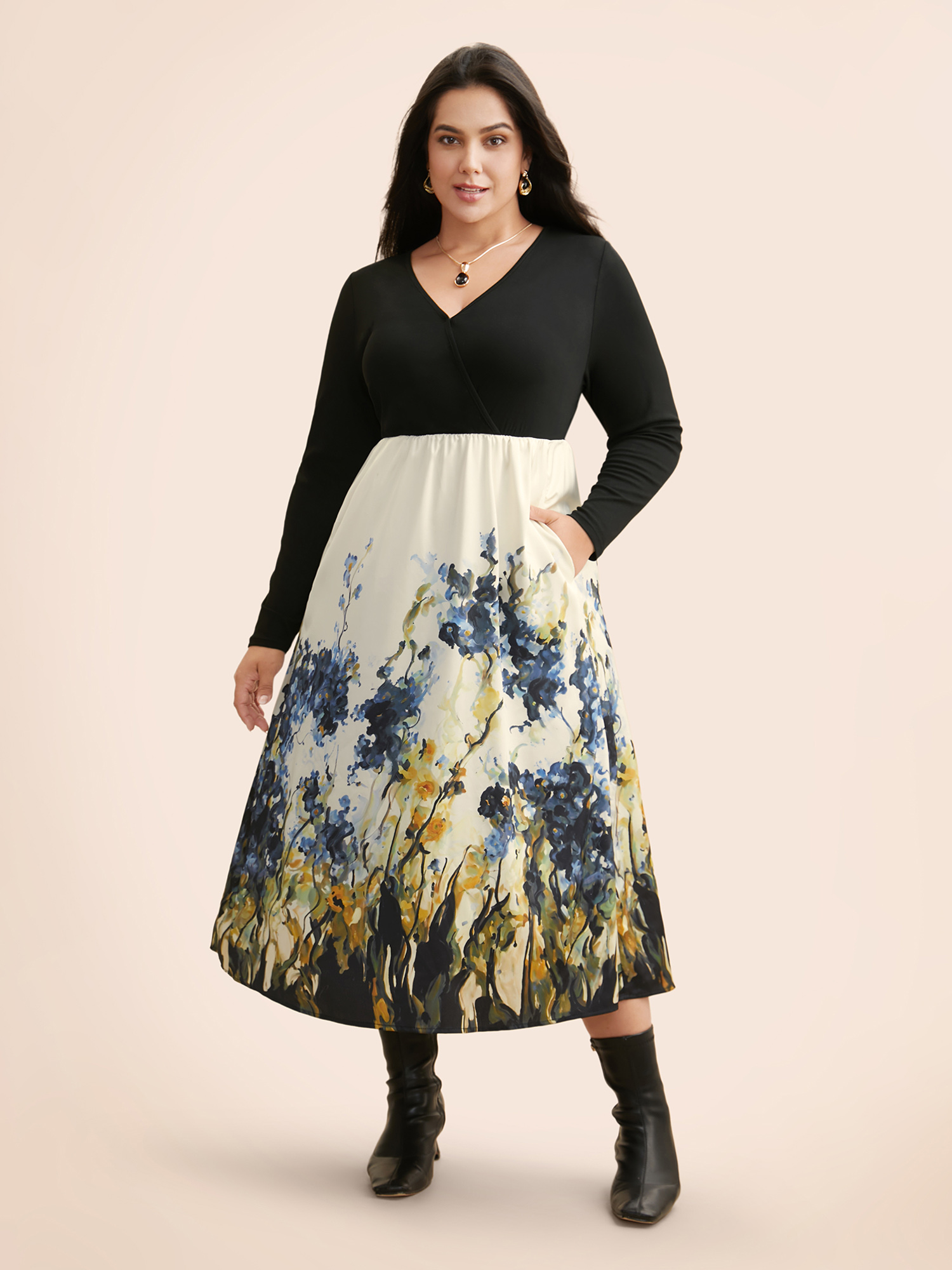 

Plus Size Watercolor Floral Print Patchwork Midi Dress Black Women Elegant Patchwork Overlap Collar Long Sleeve Curvy BloomChic