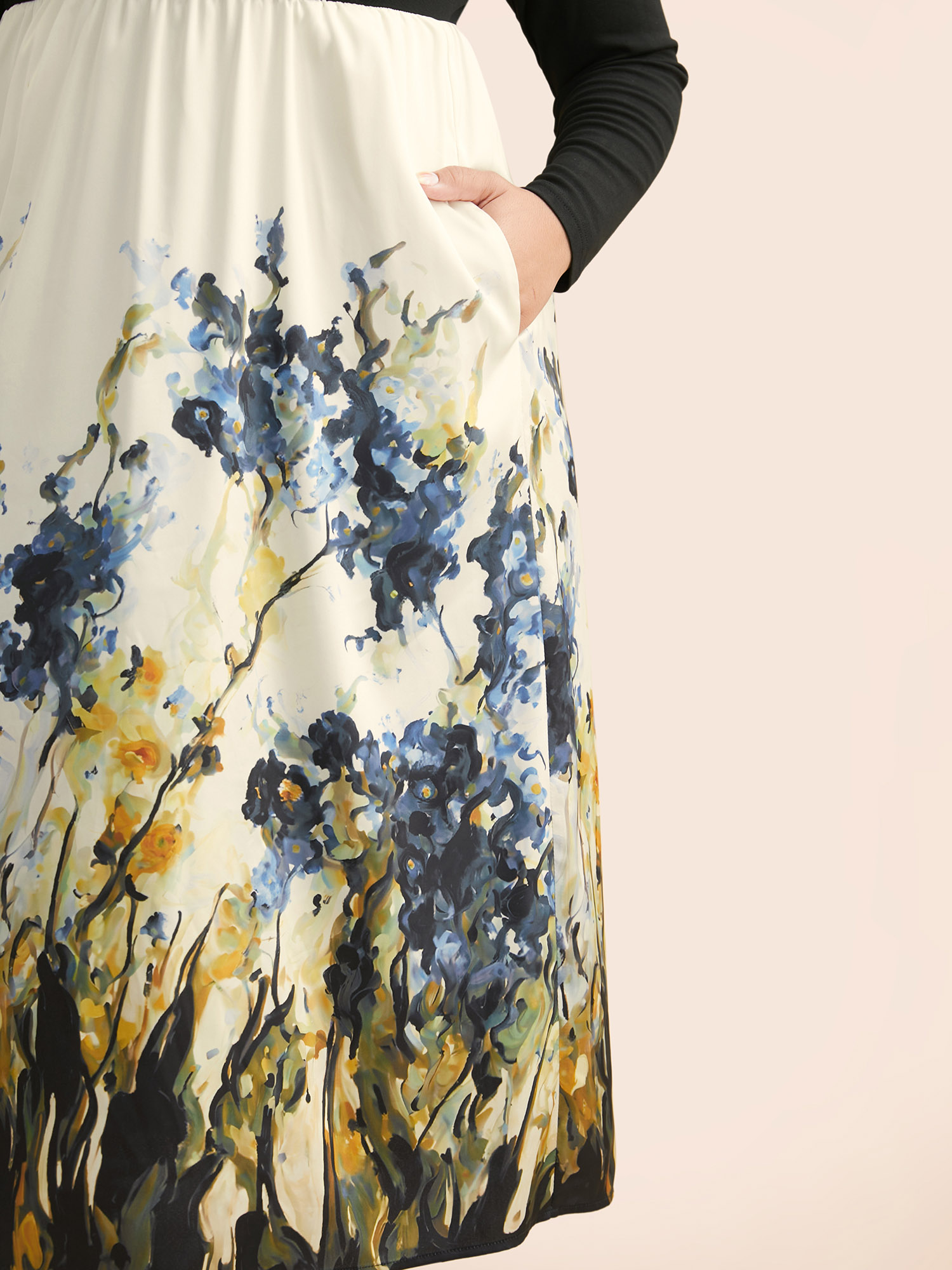 Plus Size Watercolor Floral Print Patchwork Midi Dress Black Women Elegant Patchwork Overlap Collar Long Sleeve Curvy BloomChic 26/4X 
