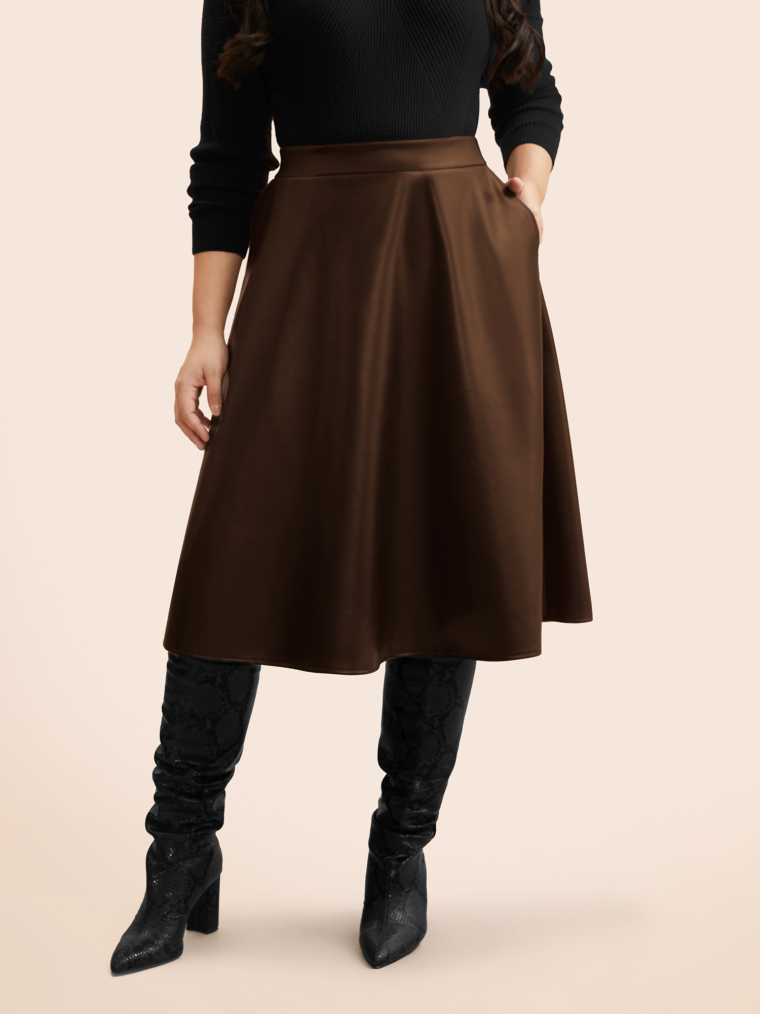 

Plus Size PU Leather A-Line Skirt Women Browncoffeecolor Casual Non Loose Low stretch Side seam pocket Everyday Skirts BloomChic