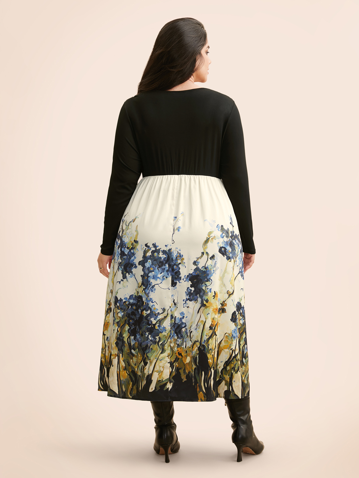 Plus Size Watercolor Floral Print Patchwork Midi Dress Black Women Elegant Patchwork Overlap Collar Long Sleeve Curvy BloomChic 26/4X 