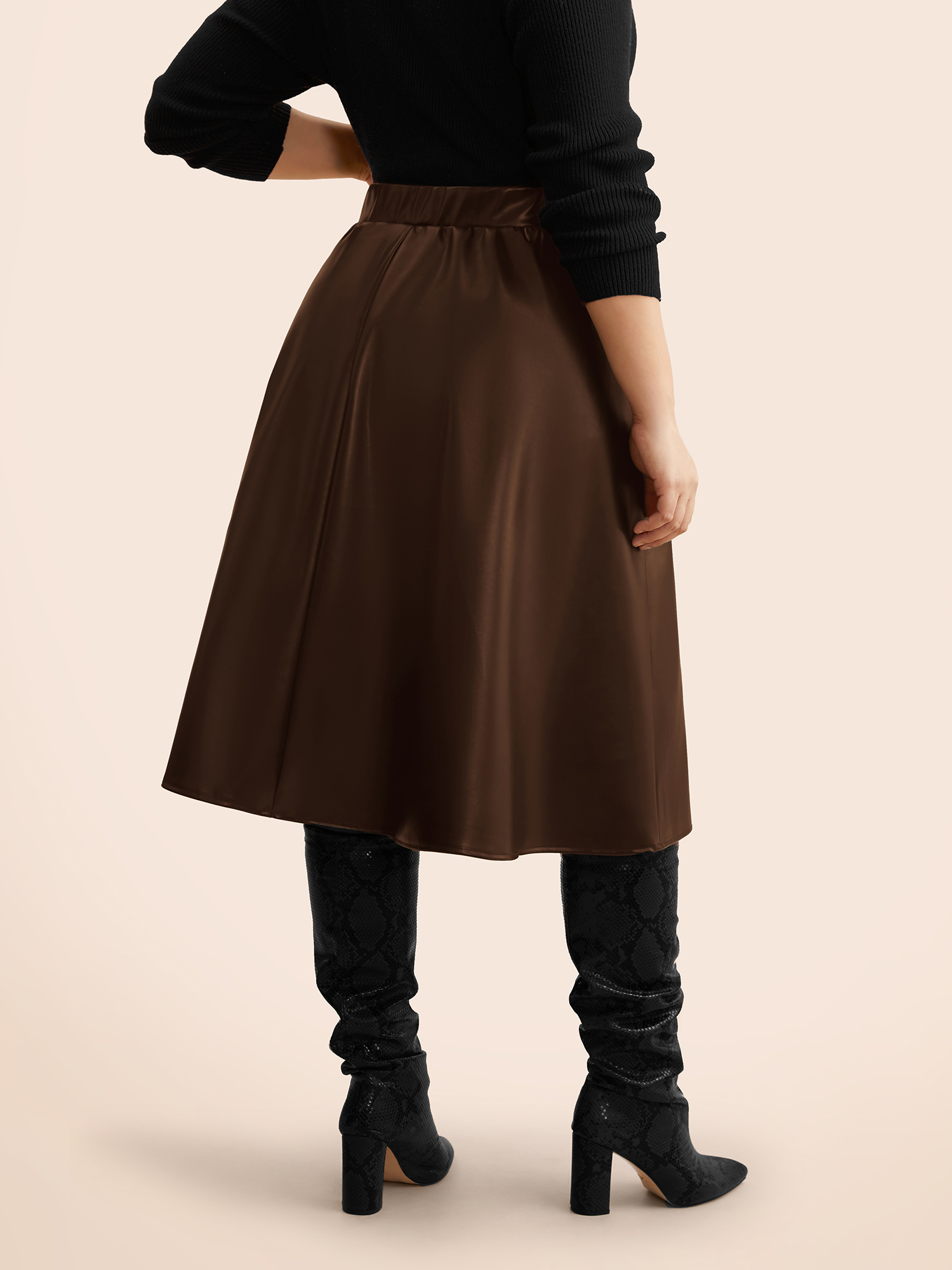 

Plus Size PU Leather A-Line Skirt Women Browncoffeecolor Casual Non Loose Low stretch Side seam pocket Everyday Skirts BloomChic