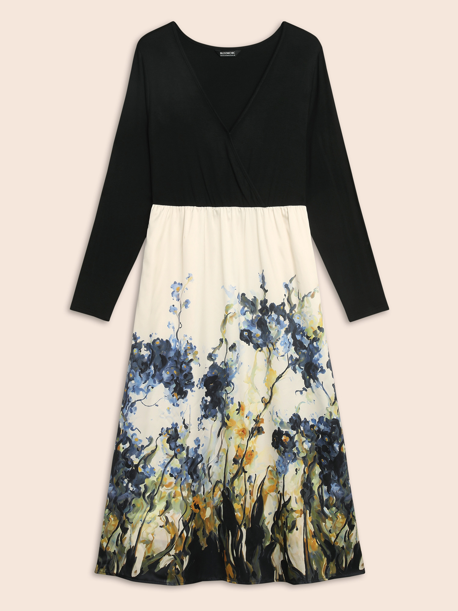 Plus Size Watercolor Floral Print Patchwork Midi Dress Black Women Elegant Patchwork Overlap Collar Long Sleeve Curvy BloomChic 26/4X 