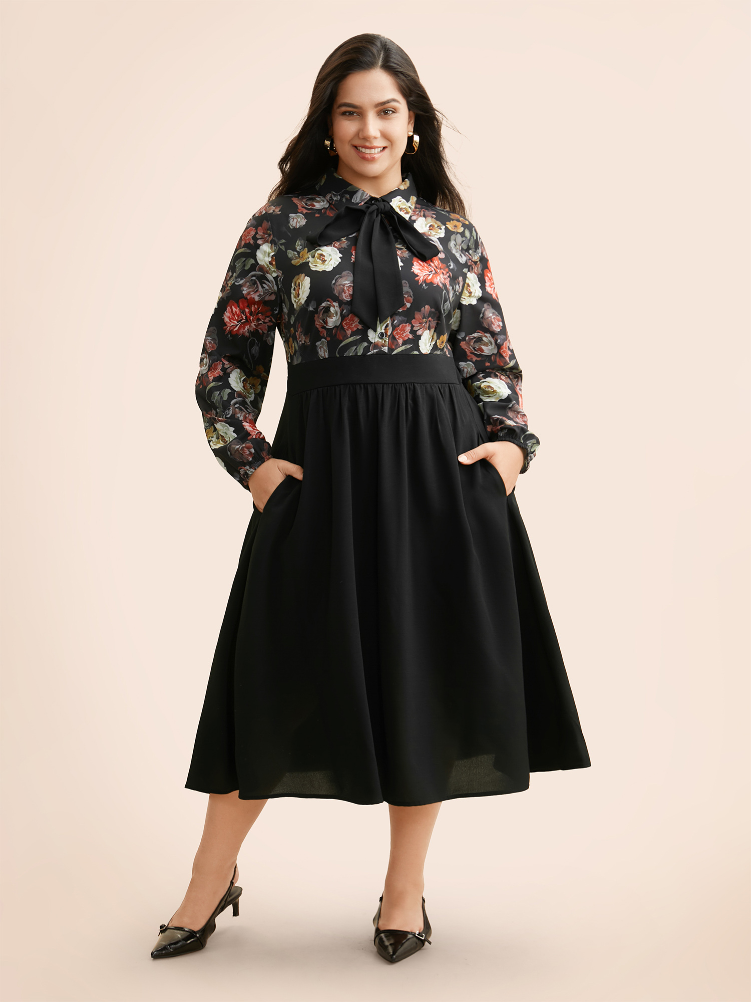 

Plus Size Floral Patchwork Shirred Tie Knot Dress Black Women Elegant Tie knot Shirt collar Long Sleeve Curvy BloomChic