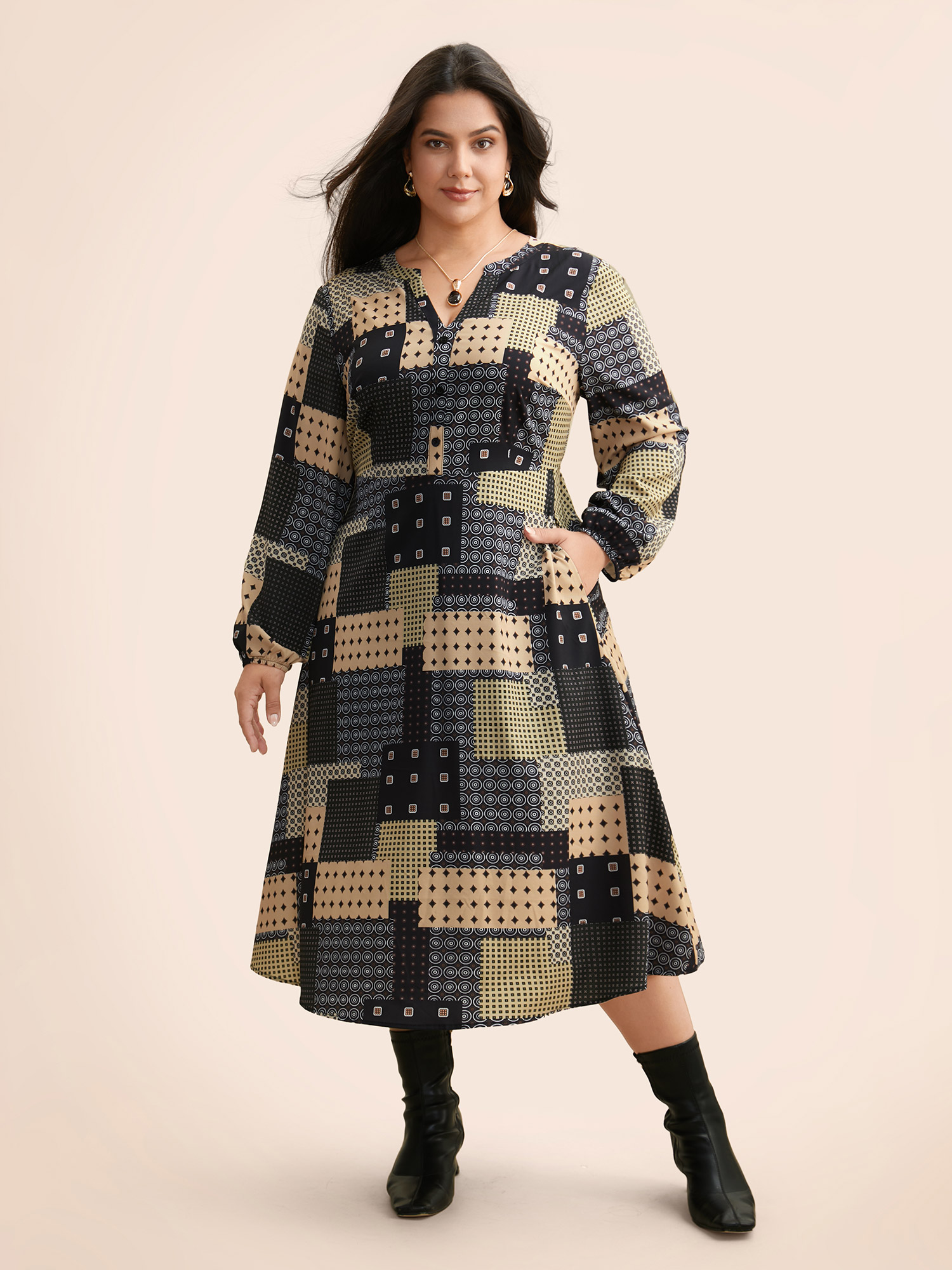 

Plus Size Colorblock Contrast Notched Lantern Sleeve Dress Multicolor Women At the Office Button Flat collar with V-notch Long Sleeve Curvy BloomChic