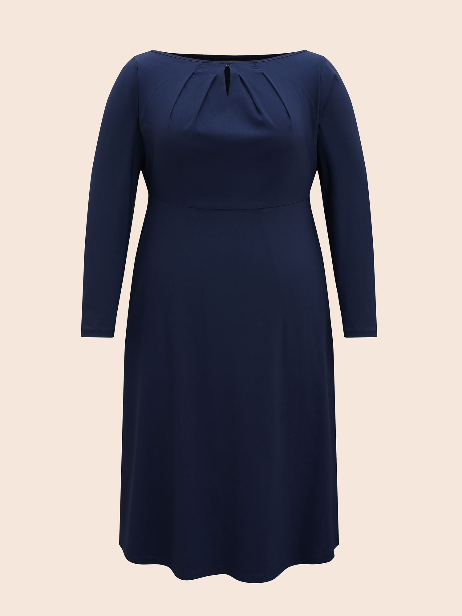 

Plus Size Plain Keyhole Pleated Shirred Dress Indigo Women Workwear Essentials Pleated Boat Neck Long Sleeve Curvy BloomChic