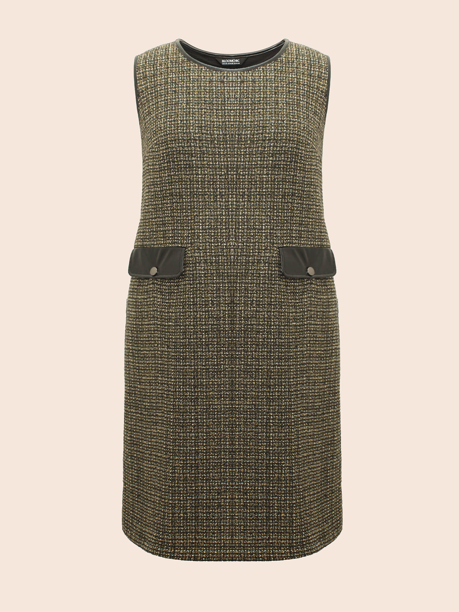 

Plus Size Tweed Patchwork Flap Pocket Dress Black Women Casual Texture Round Neck Sleeveless Curvy BloomChic