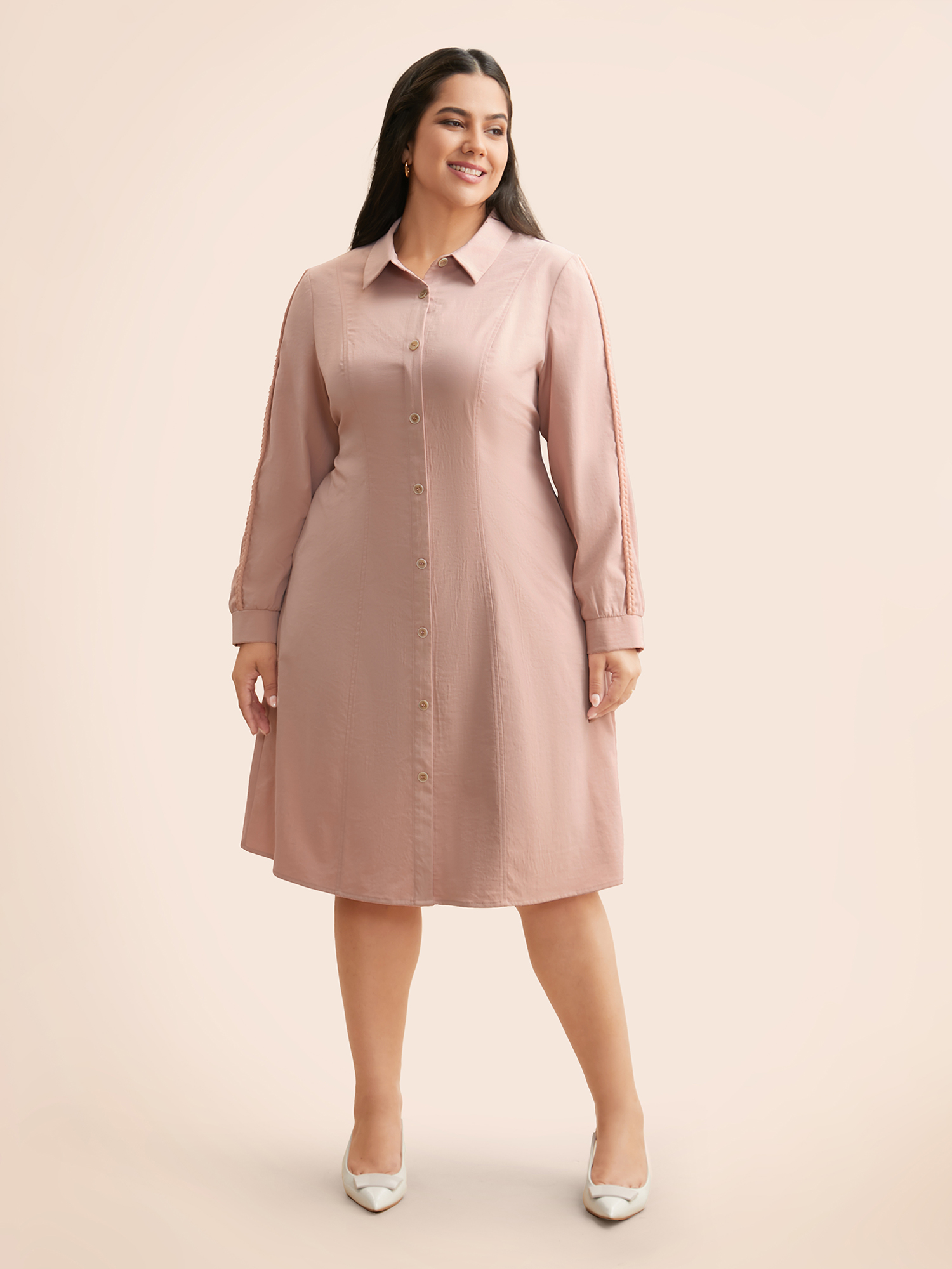 

Plus Size Shirt Collar Shirred Woven Ribbon Dress Crepe Women Elegant Woven ribbon&lace trim Shirt collar Long Sleeve Curvy BloomChic