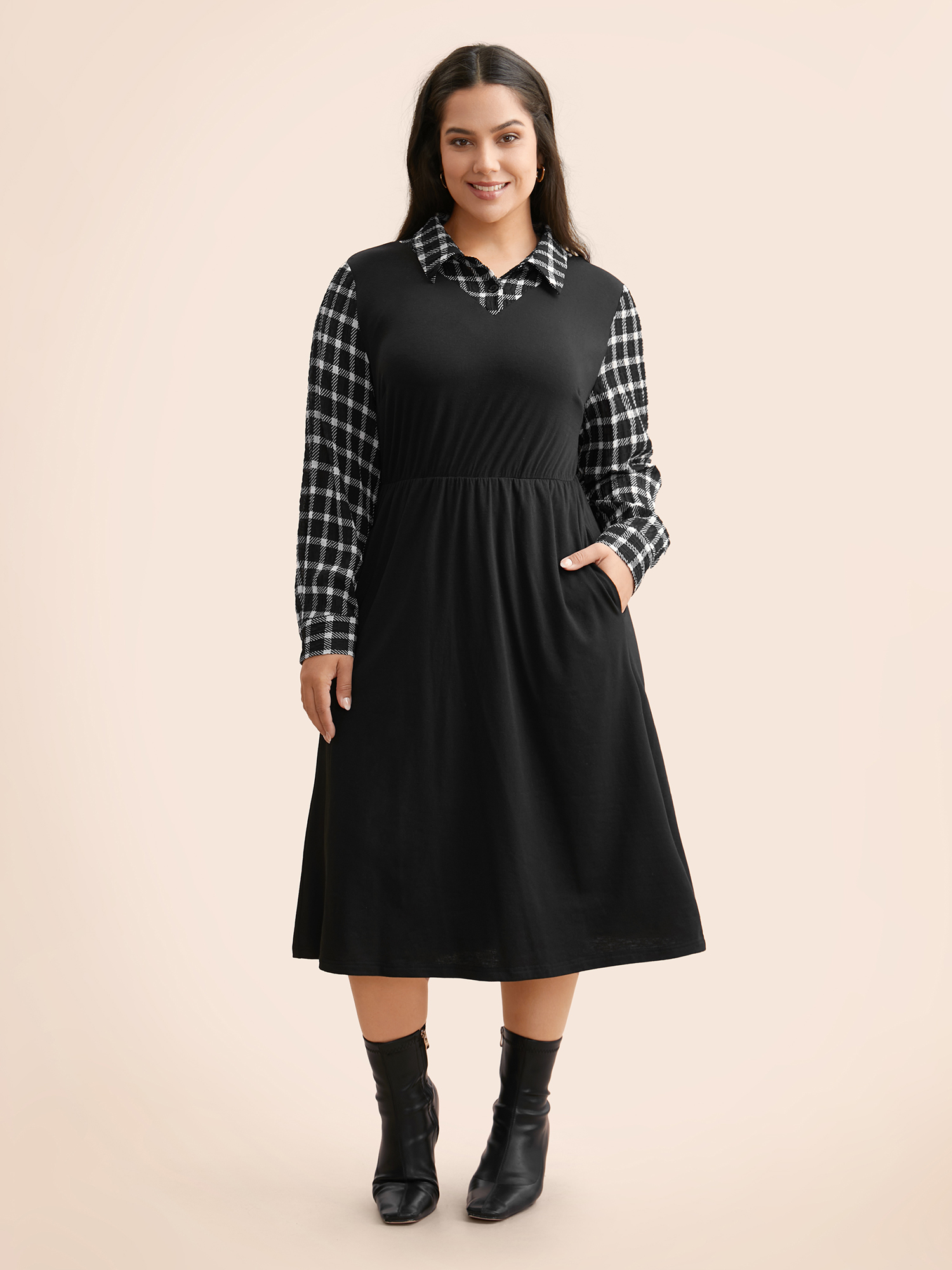 

Plus Size Plaid Patchwork Elastic Waist Midi Dress Black Women Casual Patchwork Shirt collar Long Sleeve Curvy BloomChic