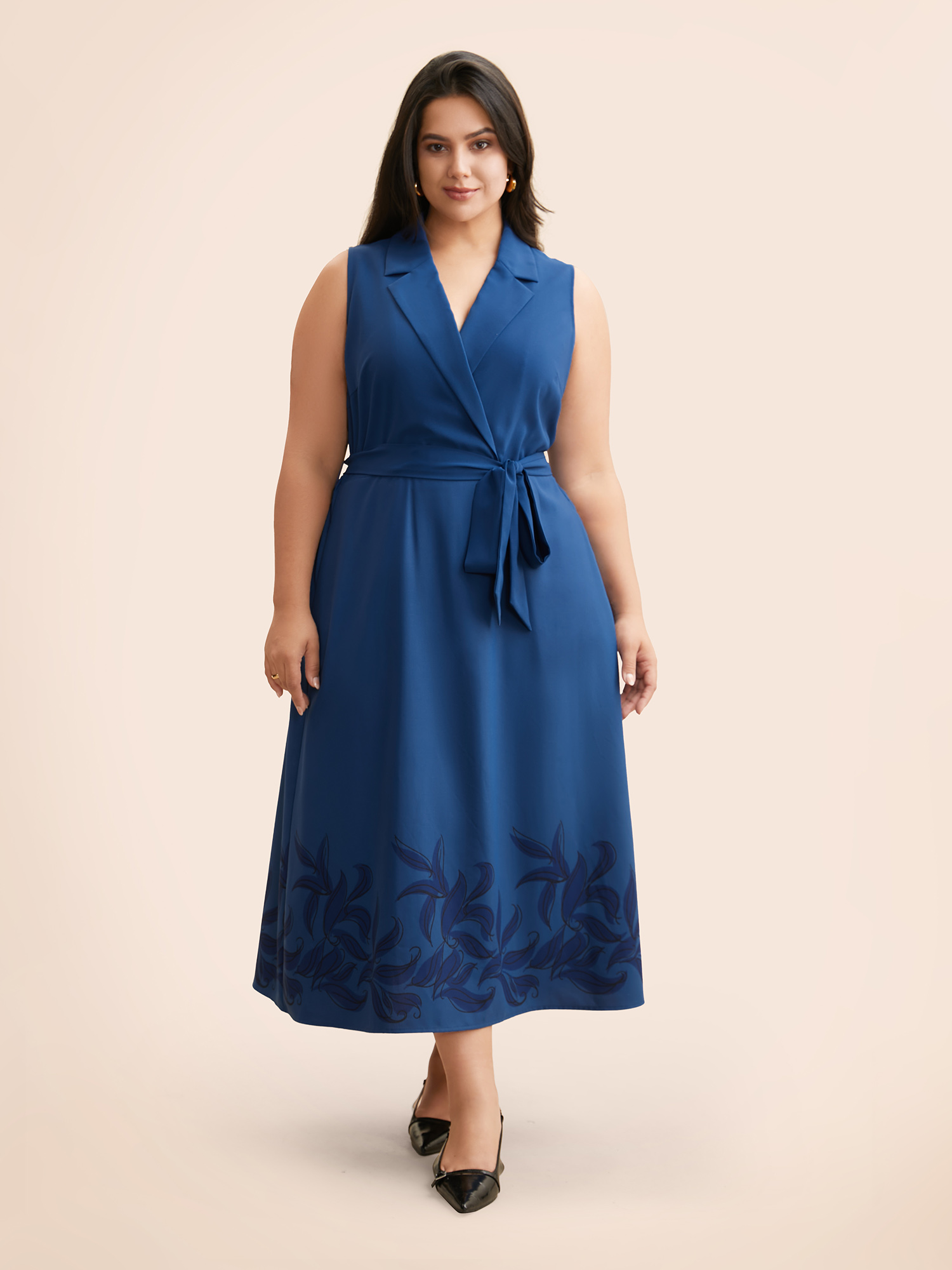 

Plus Size Suit Collar Floral Belted Sleeveless Dress DarkBlue Women At the Office Belted Suit Collar Sleeveless Curvy BloomChic