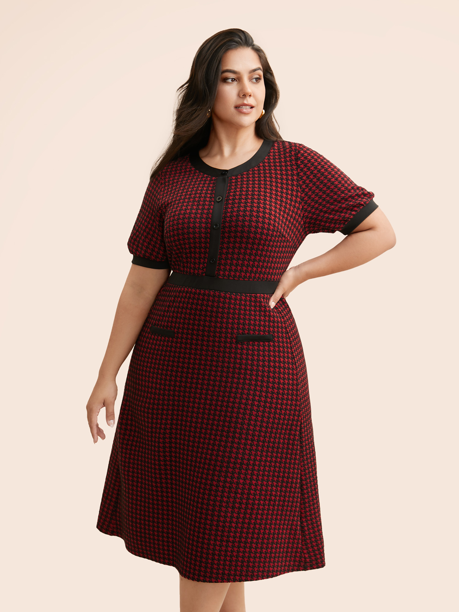 

Plus Size Houndstooth Button Up Flap Detail Dress Scarlet Women Casual Contrast Round Neck Short sleeve Curvy BloomChic