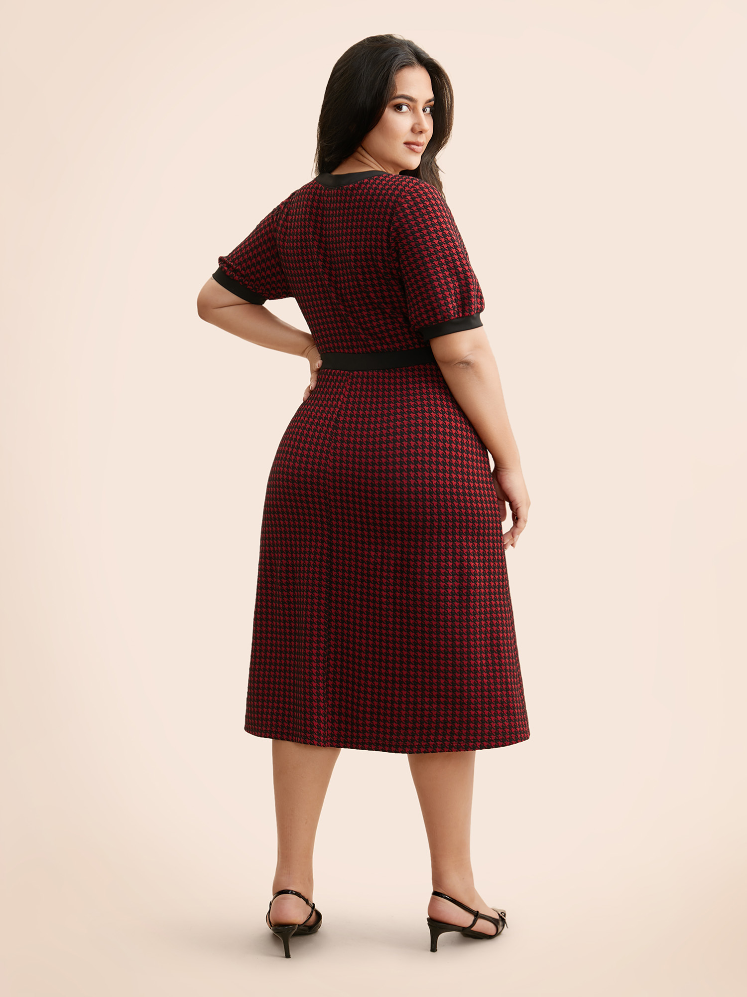 

Plus Size Houndstooth Button Up Flap Detail Dress Scarlet Women Casual Contrast Round Neck Short sleeve Curvy BloomChic