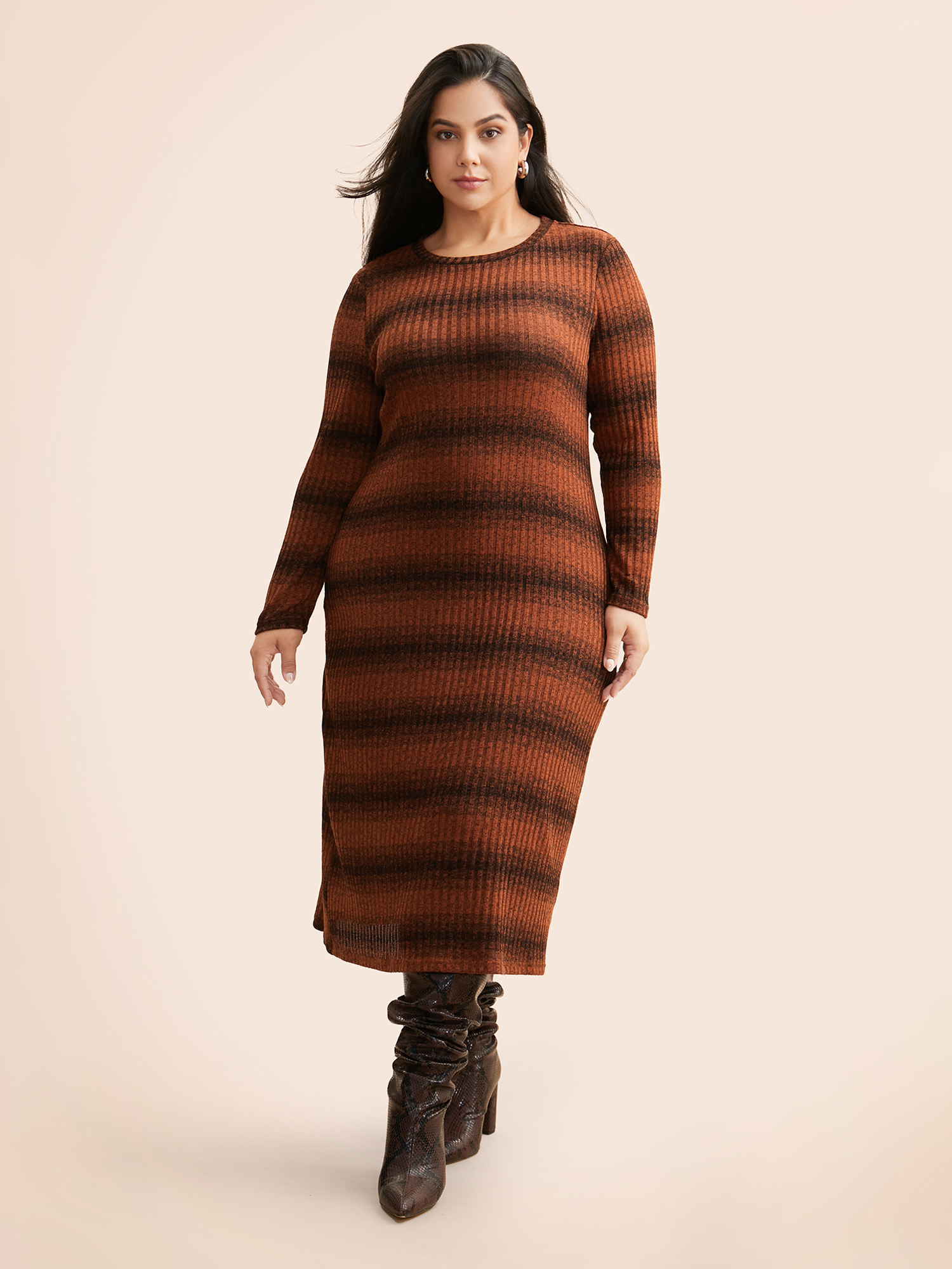 

Plus Size Ombre Striped Rib Knit Slim Fit Dress OrangeRed Women Casual Texture Round Neck Long Sleeve Curvy BloomChic