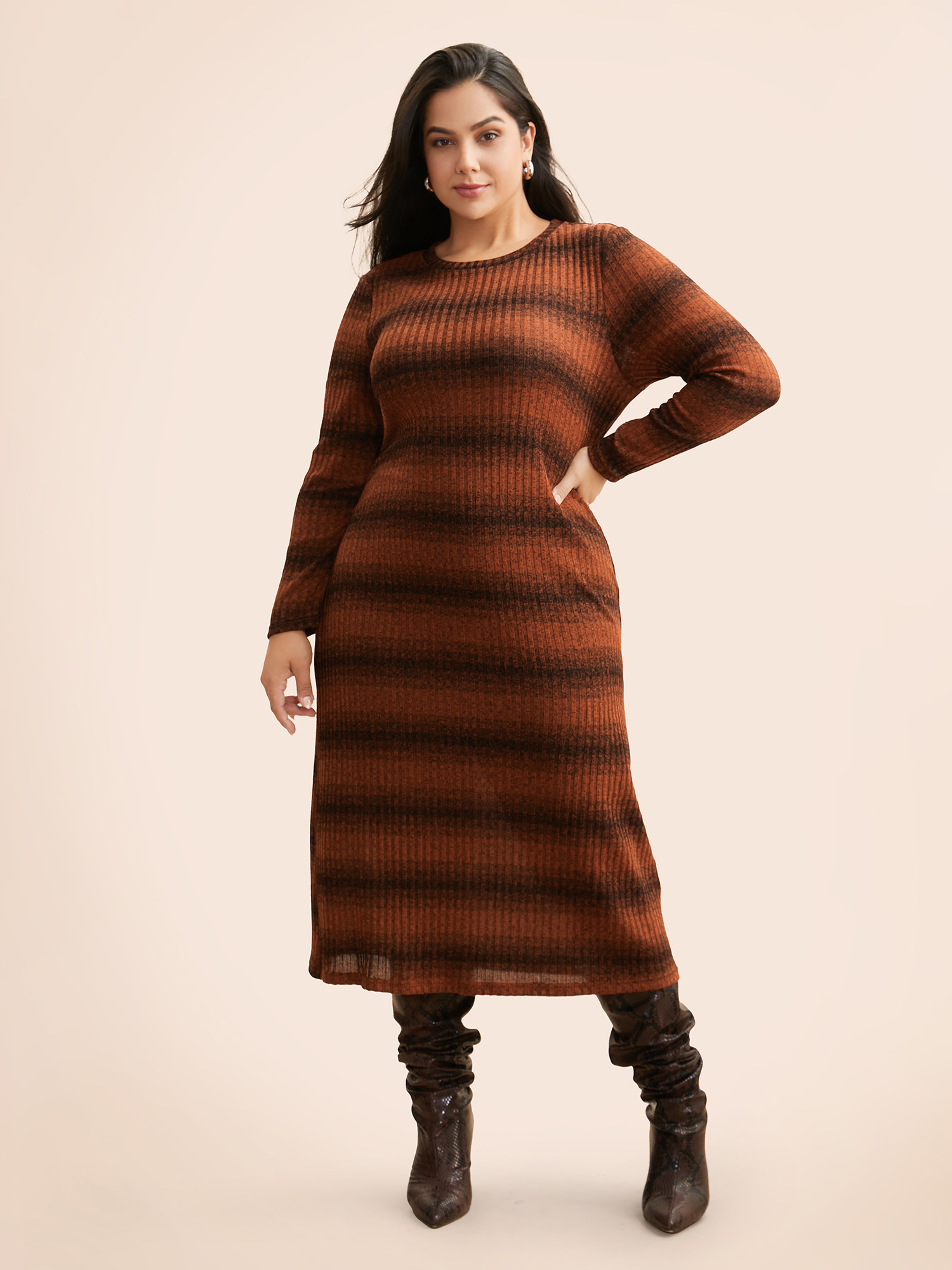 

Plus Size Ombre Striped Rib Knit Slim Fit Dress OrangeRed Women Casual Texture Round Neck Long Sleeve Curvy BloomChic