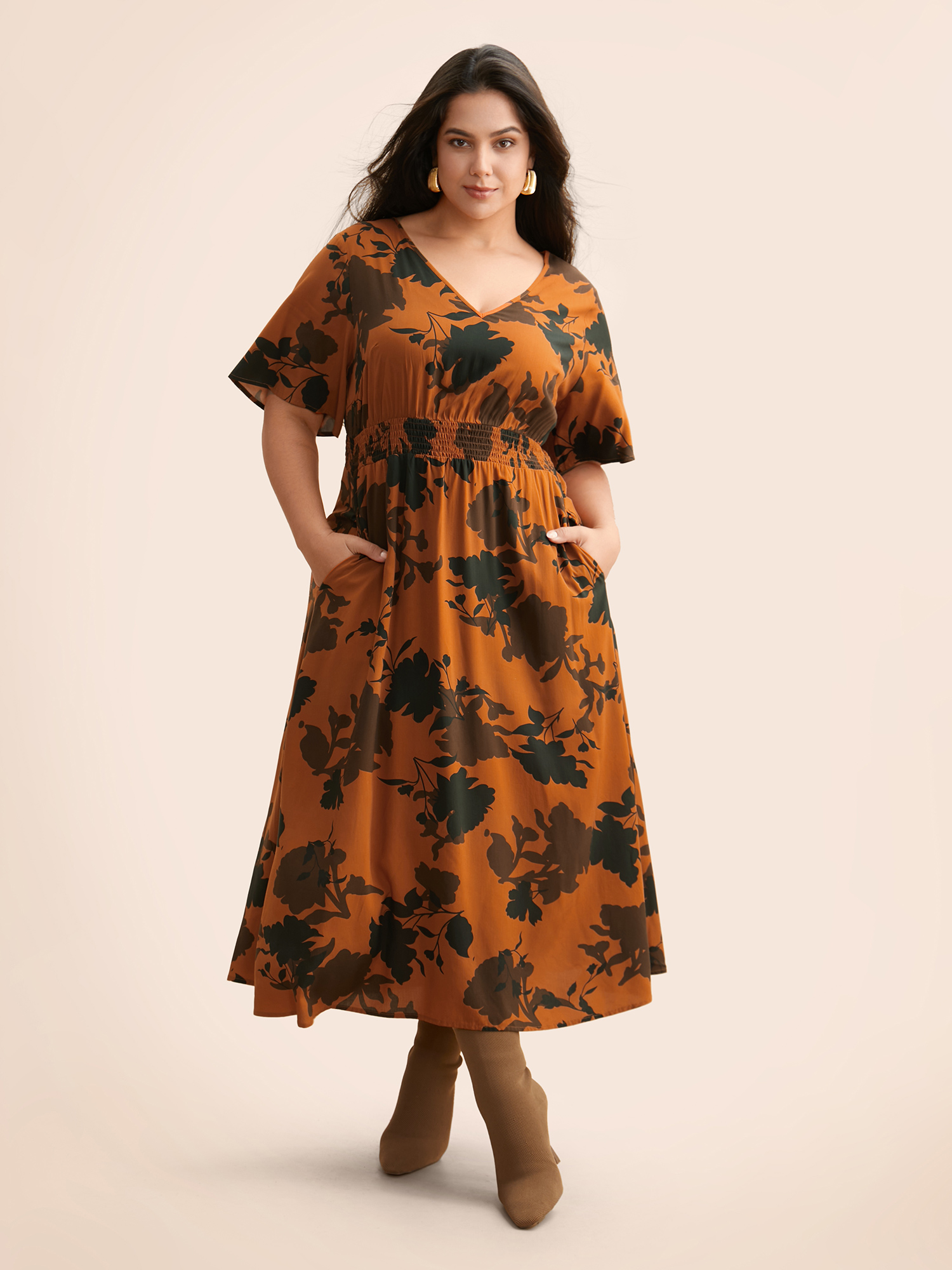 

Plus Size Silhouette Floral Print Ruffle Sleeve Dress OrangeRed Women Elegant Shirred V-neck Half Sleeve Curvy BloomChic