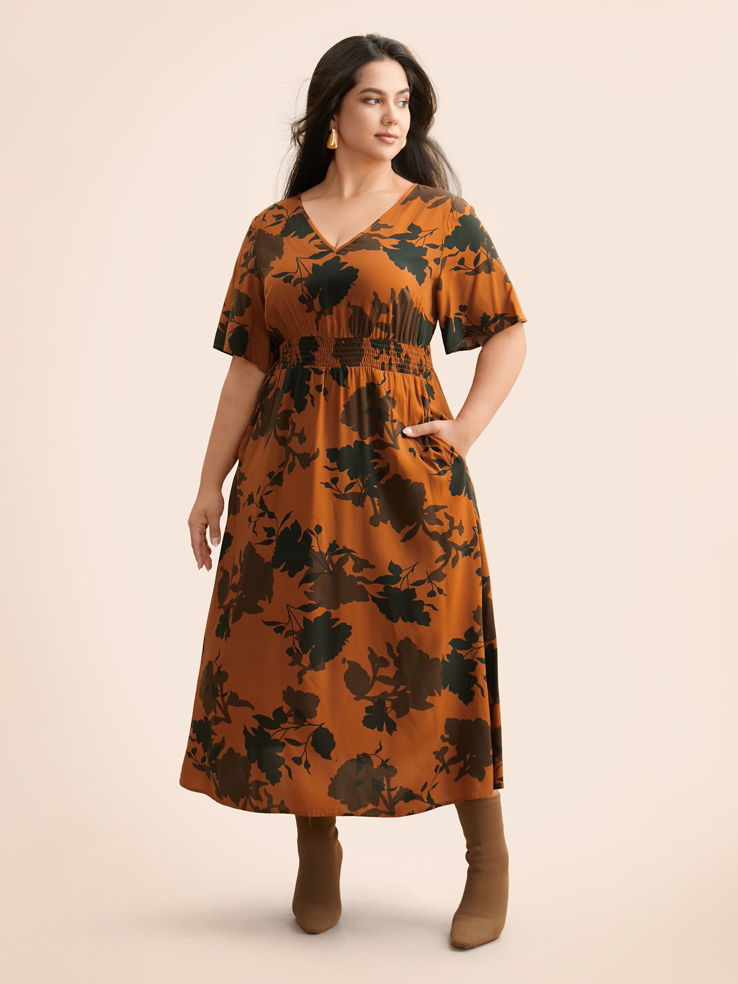 Plus Size Silhouette Floral Print Ruffle Sleeve Dress OrangeRed Women Elegant Shirred V-neck Half Sleeve Curvy BloomChic 18-20/2X 