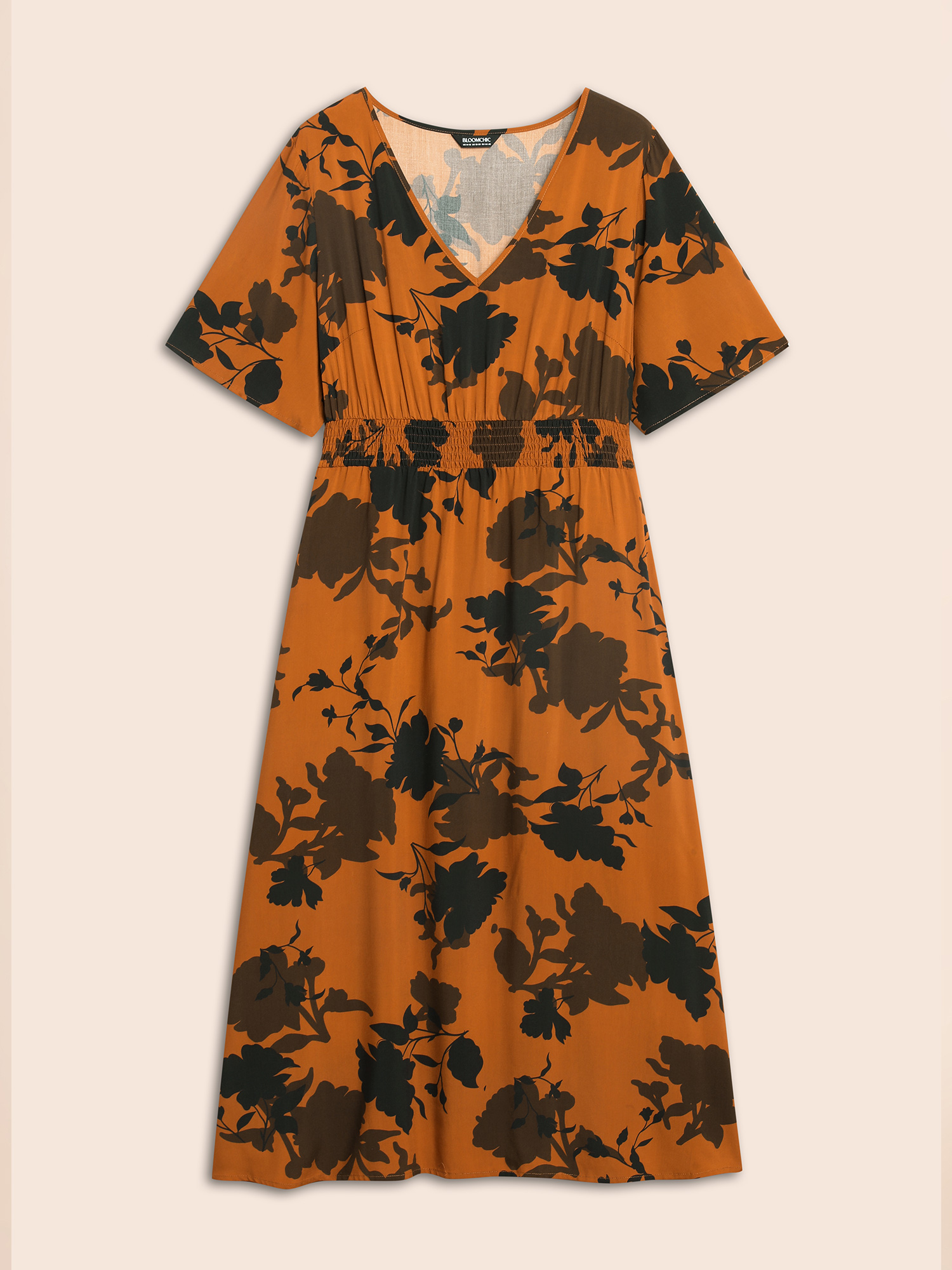 Plus Size Silhouette Floral Print Ruffle Sleeve Dress OrangeRed Women Elegant Shirred V-neck Half Sleeve Curvy BloomChic 18-20/2X 
