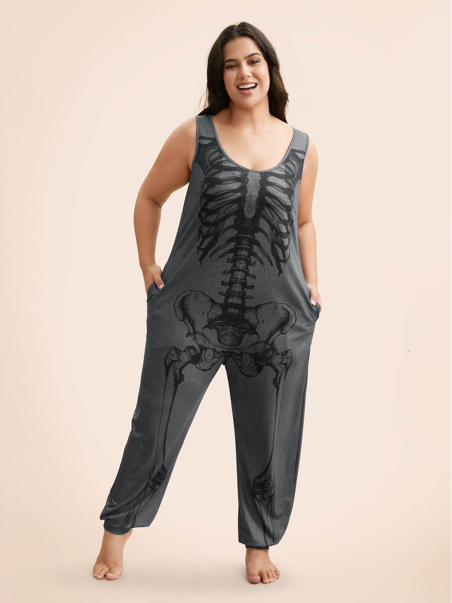 

Plus Size Mediumgray Skeleton Printed Off-Sleeves Jumpsuit Women Cocktail Sleeveless U-neck Party Loose Jumpsuits BloomChic