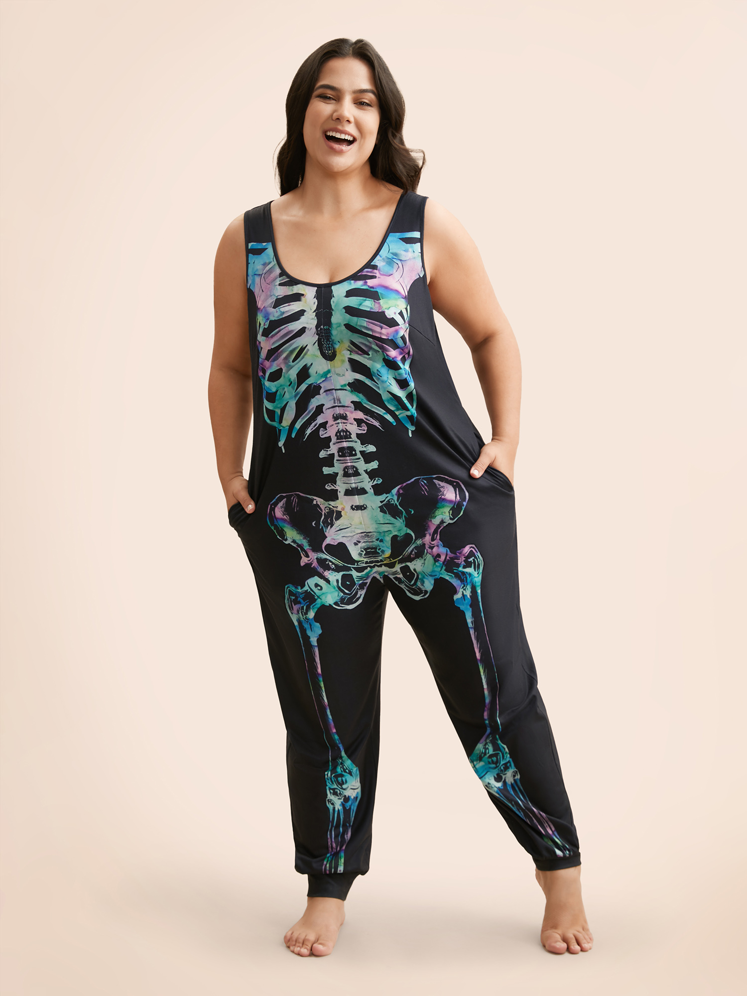 

Plus Size Multicolor Skeleton Printed Off-Sleeves Jumpsuit Women Cocktail Sleeveless U-neck Party Loose Jumpsuits BloomChic