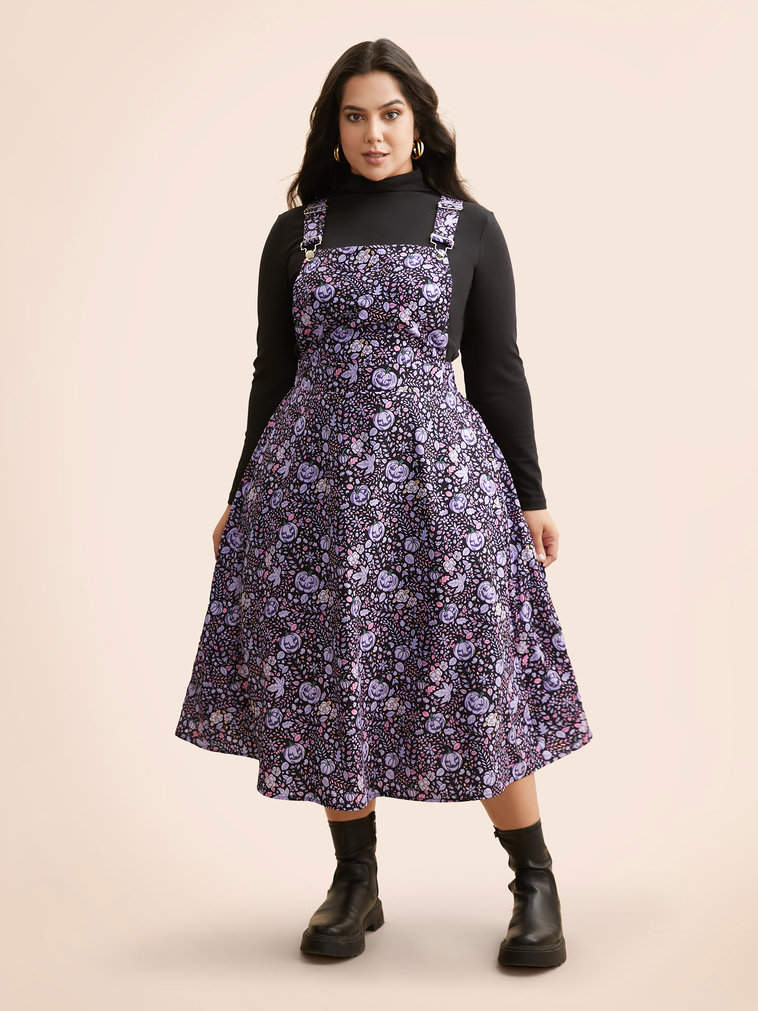 

Plus Size Pumpkin Print Suspender Midi Dress BlueViolet Women Casual Non Party Curvy Bloomchic