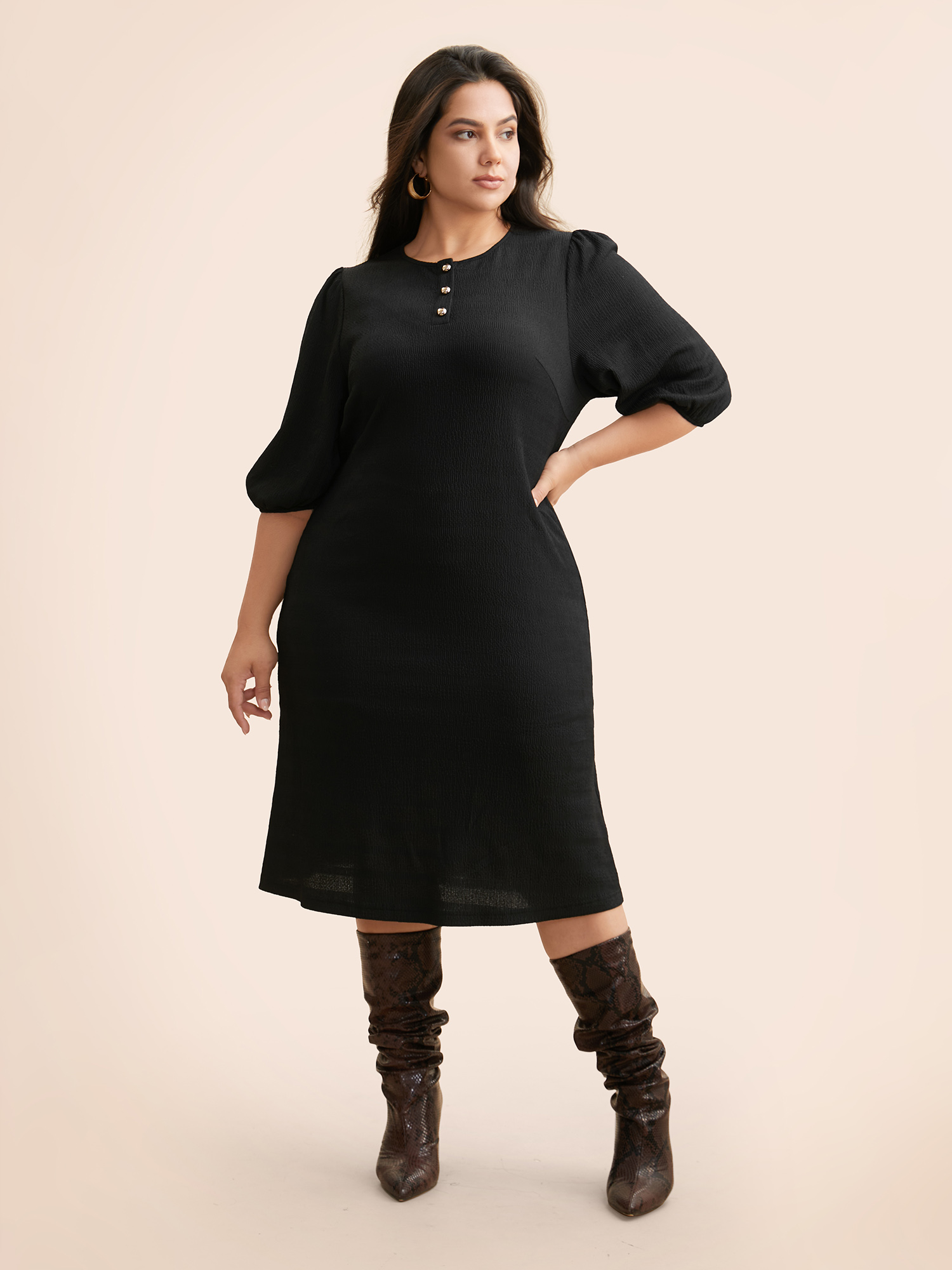 

Plus Size Texture Button Up Puff Sleeve Dress Black Women Casual Texture Round Neck Half Sleeve Curvy BloomChic