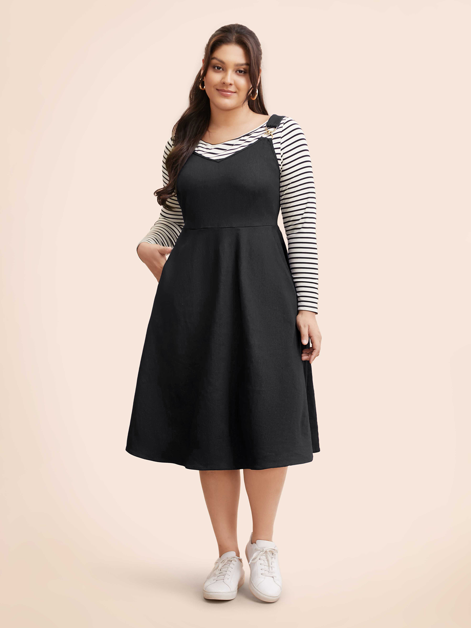 

Plus Size Denim Elastic Waist Overall Dress Black Women Casual Non V-neck Sleeveless Curvy BloomChic