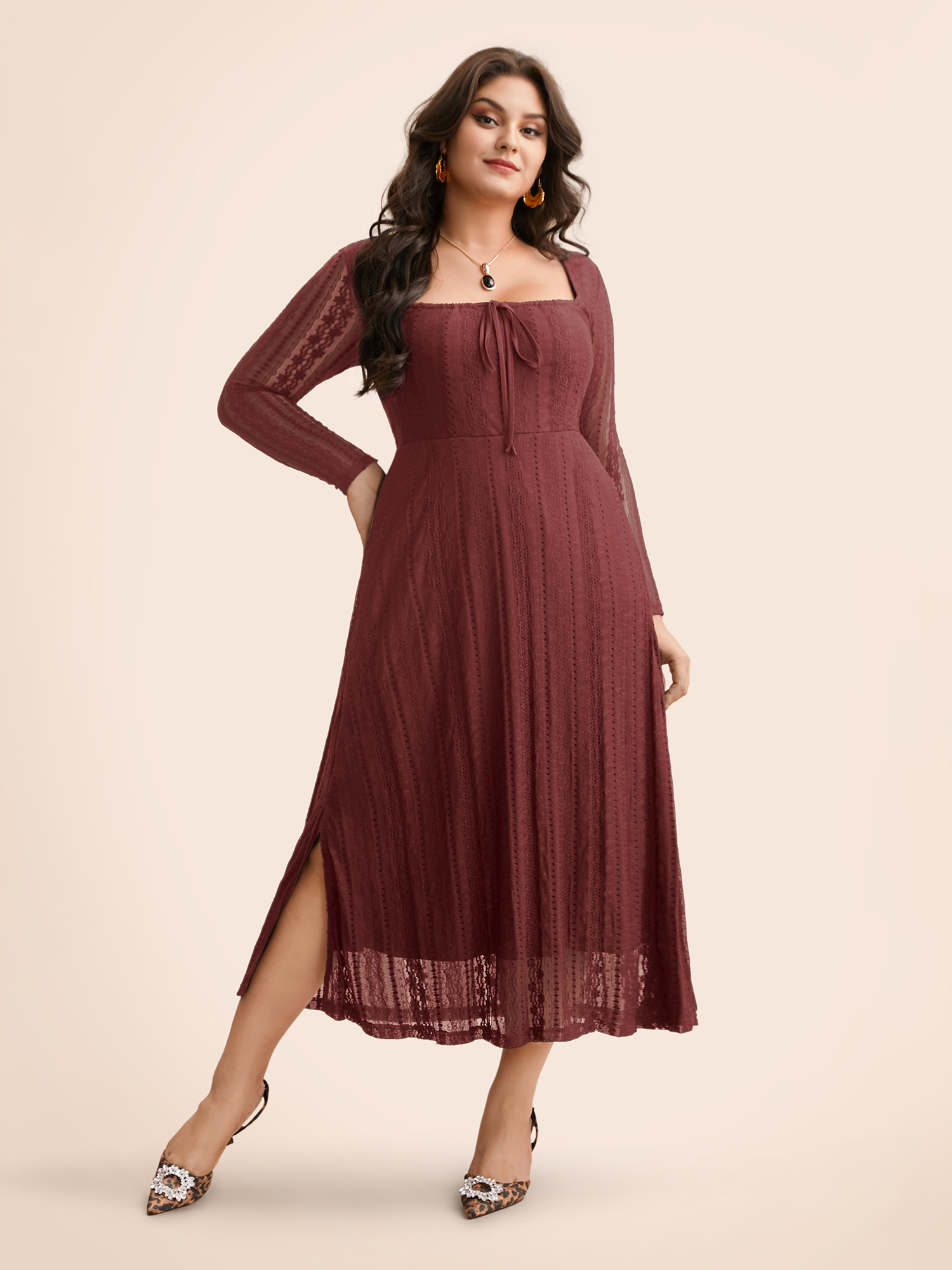 

Plus Size Lace Panel Square Neck Tie Knot Dress Burgundy Women Elegant Tie knot Square Neck Long Sleeve Curvy BloomChic