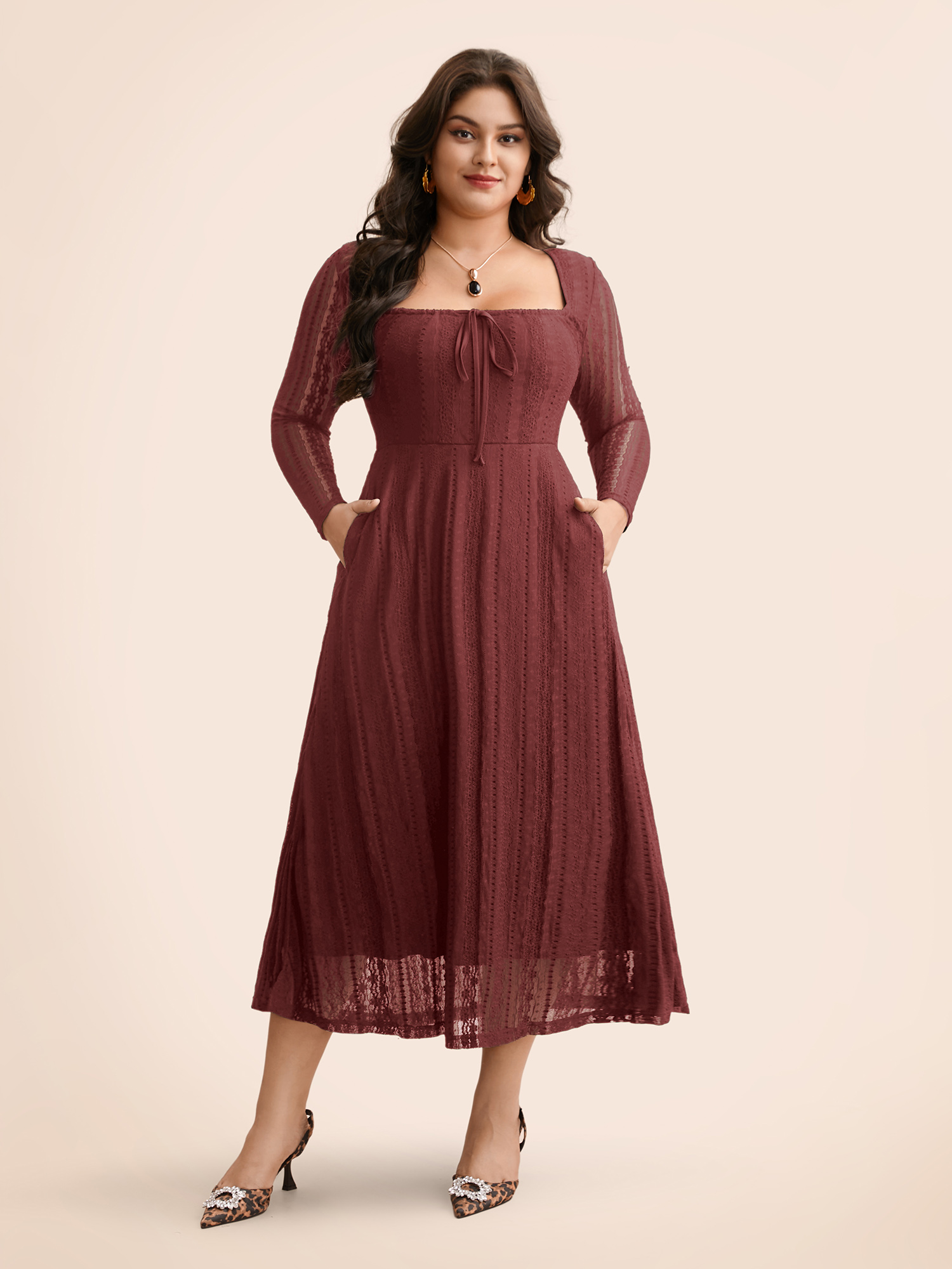 Plus Size Lace Panel Square Neck Tie Knot Dress Burgundy Women Elegant Tie knot Square Neck Long Sleeve Curvy BloomChic 28/5X 