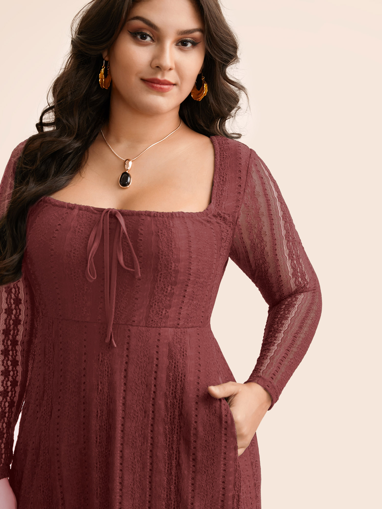 Plus Size Lace Panel Square Neck Tie Knot Dress Burgundy Women Elegant Tie knot Square Neck Long Sleeve Curvy BloomChic 28/5X 
