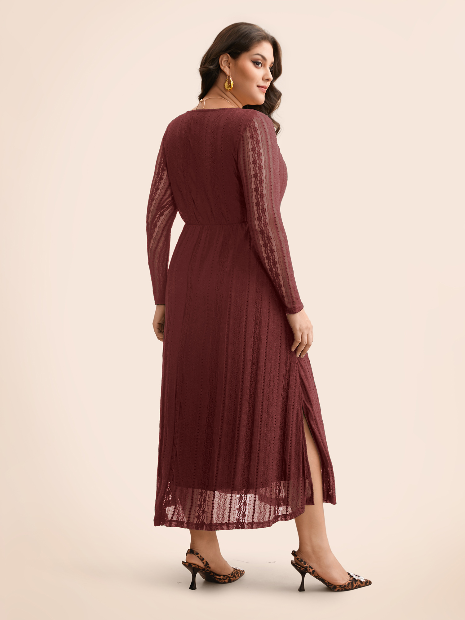 

Plus Size Lace Panel Square Neck Tie Knot Dress Burgundy Women Elegant Tie knot Square Neck Long Sleeve Curvy BloomChic