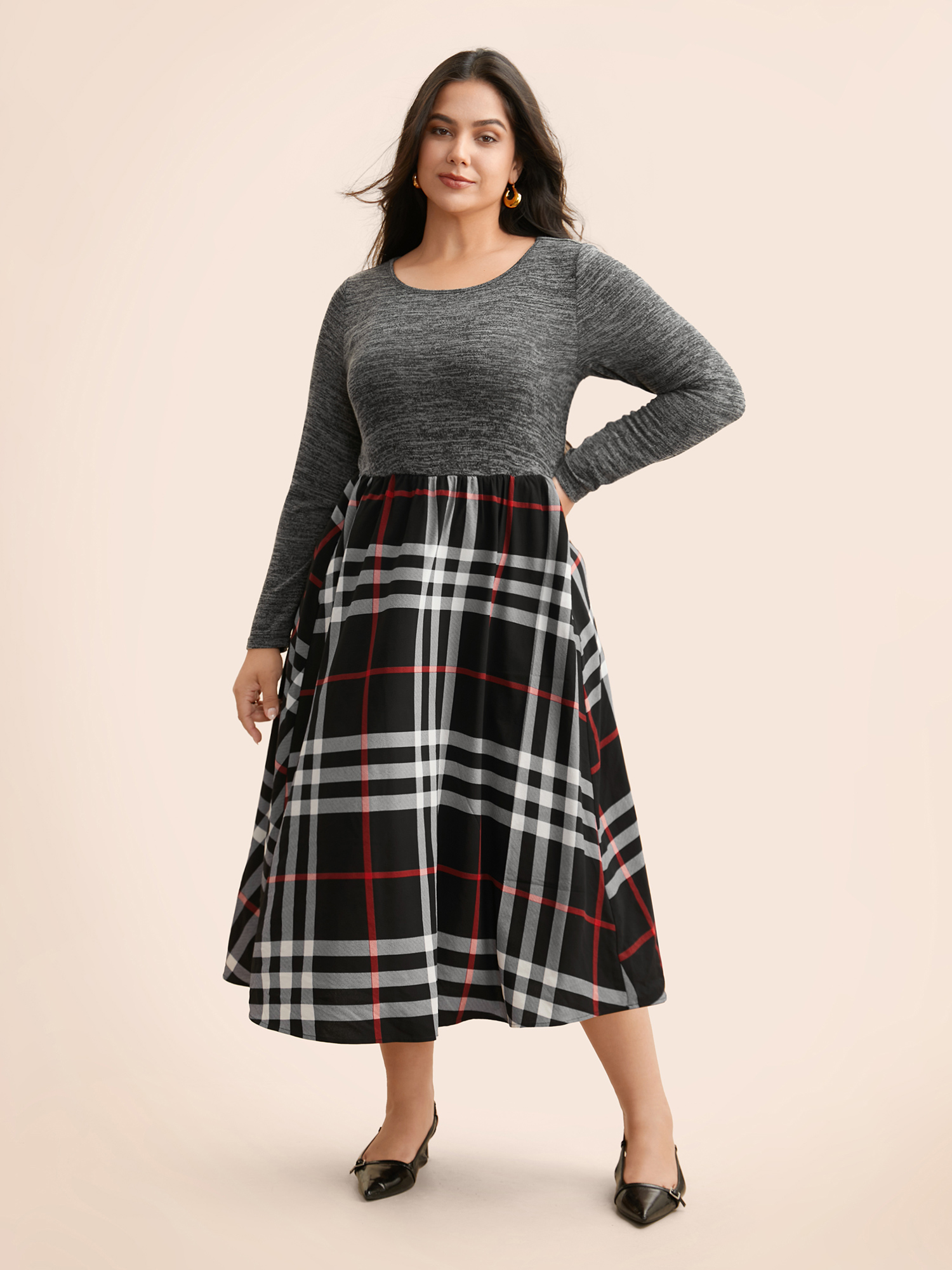 

Plus Size Plaid Patchwork Elastic Waist Dress Black Women Casual Patchwork Round Neck Long Sleeve Curvy BloomChic