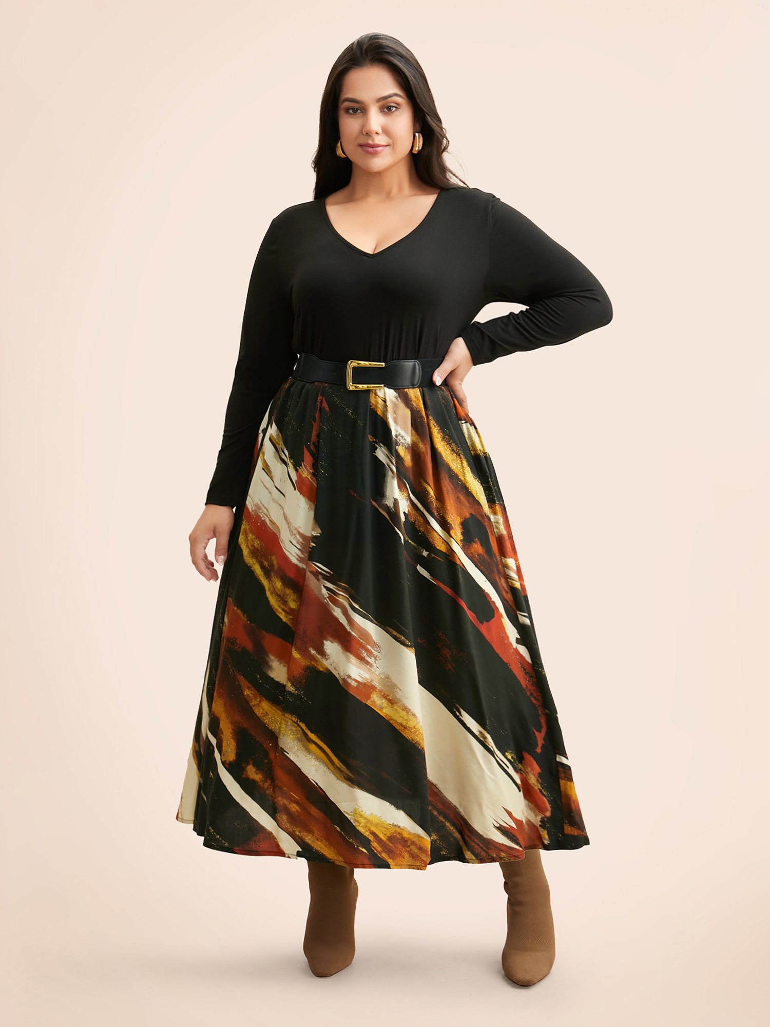 

Plus Size V Neck Brush Print Patchwork Dress Black Women At the Office Patchwork V-neck Long Sleeve Curvy BloomChic