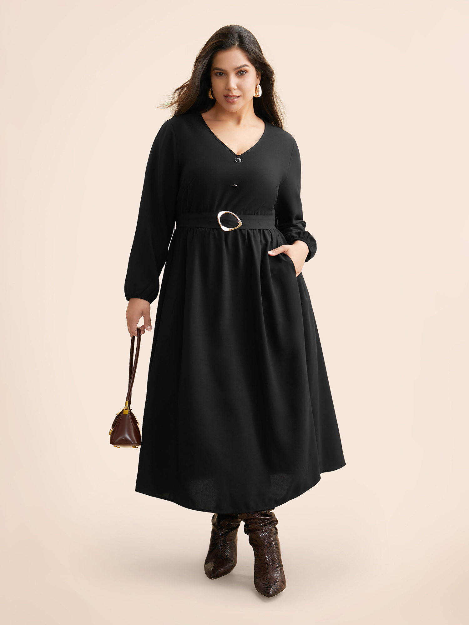 

Plus Size V Neck Button Detail Belted Dress Black Women At the Office Belted V-neck Long Sleeve Curvy BloomChic