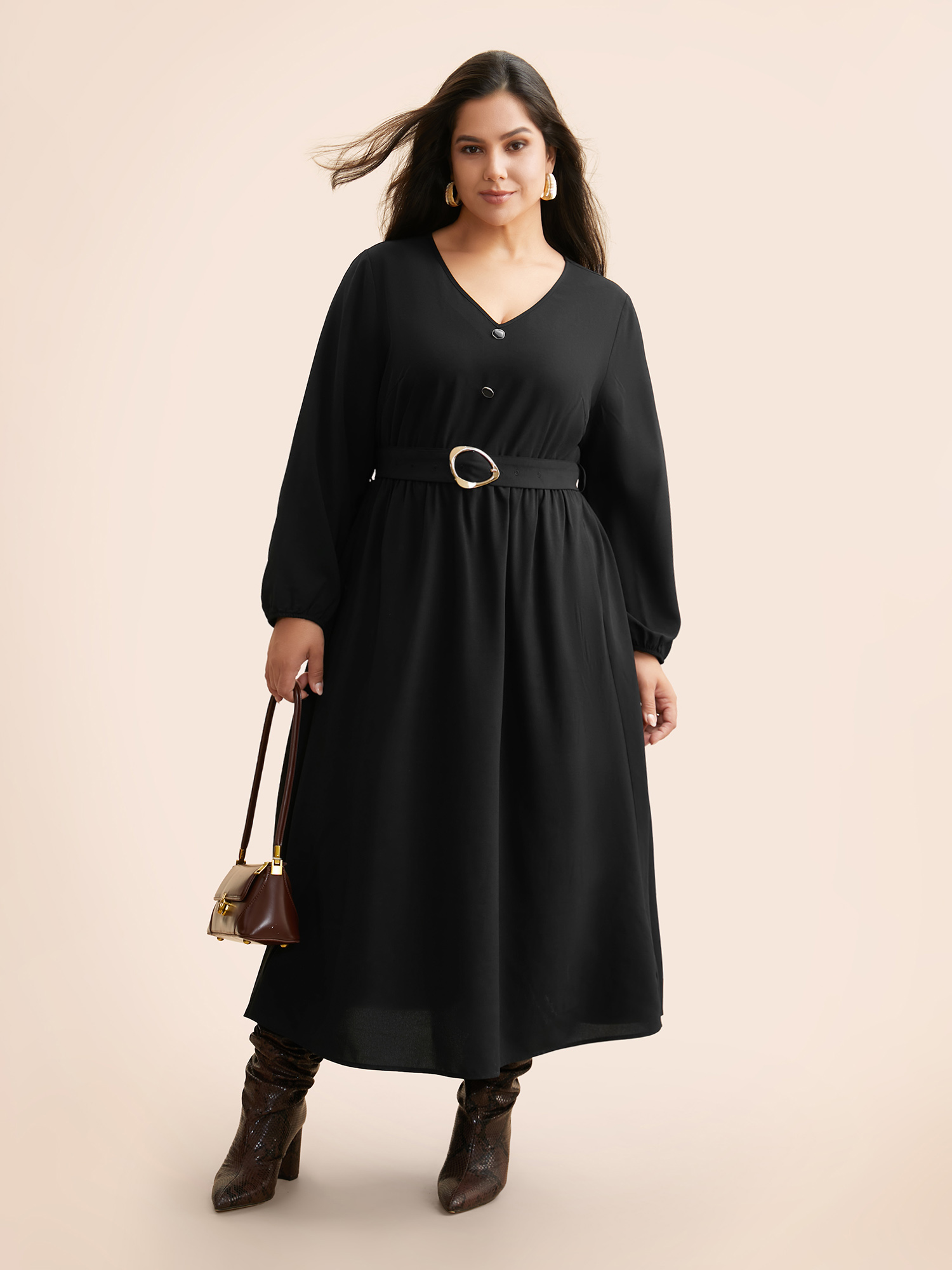 Plus Size V Neck Button Detail Belted Dress Black Women At the Office Belted V-neck Long Sleeve Curvy BloomChic 18-20/2X 