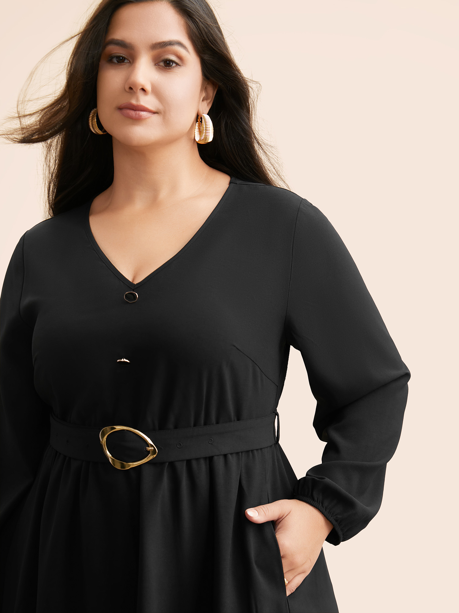 Plus Size V Neck Button Detail Belted Dress Black Women At the Office Belted V-neck Long Sleeve Curvy BloomChic 18-20/2X 