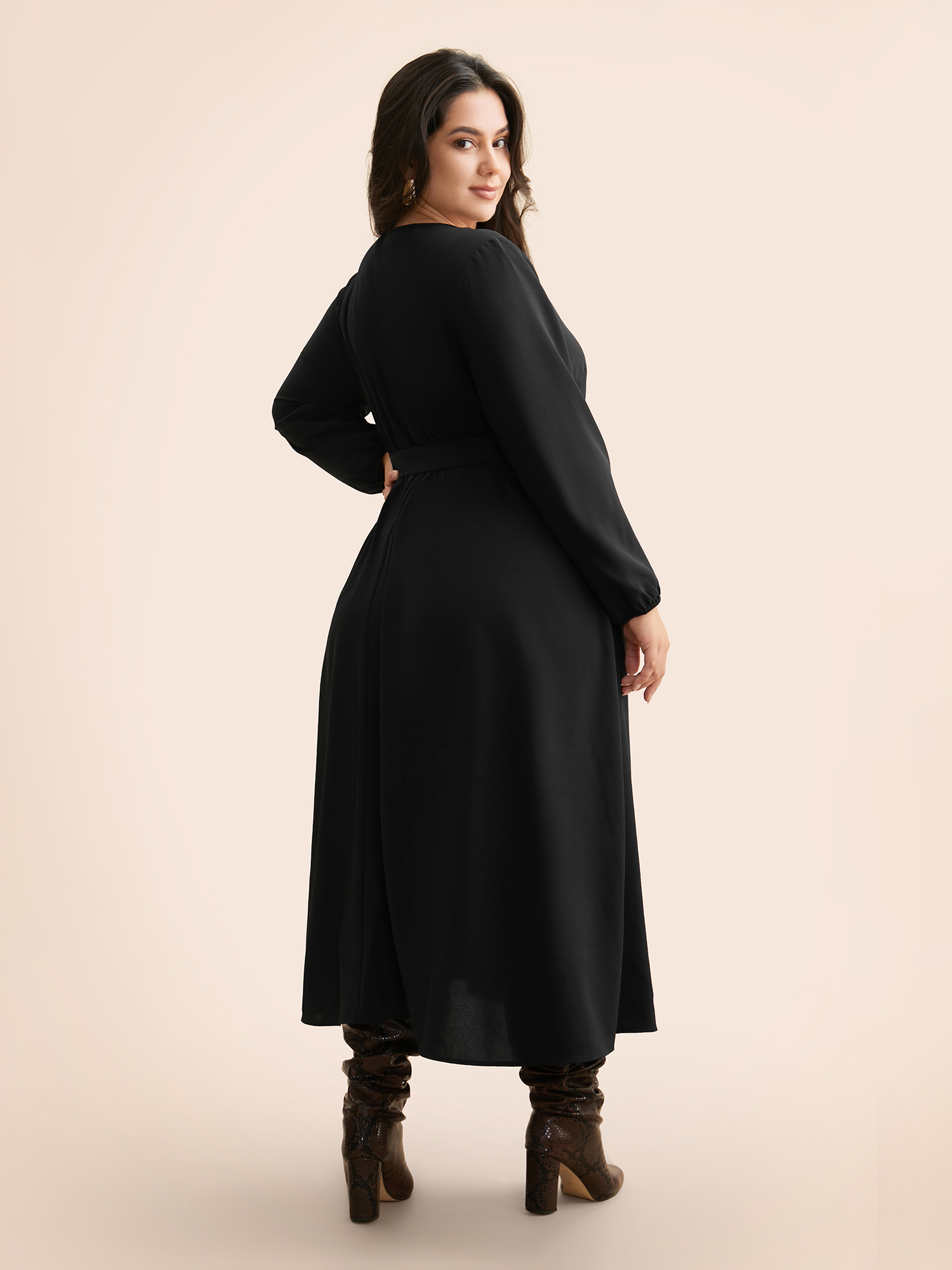 Plus Size V Neck Button Detail Belted Dress Black Women At the Office Belted V-neck Long Sleeve Curvy BloomChic 18-20/2X 