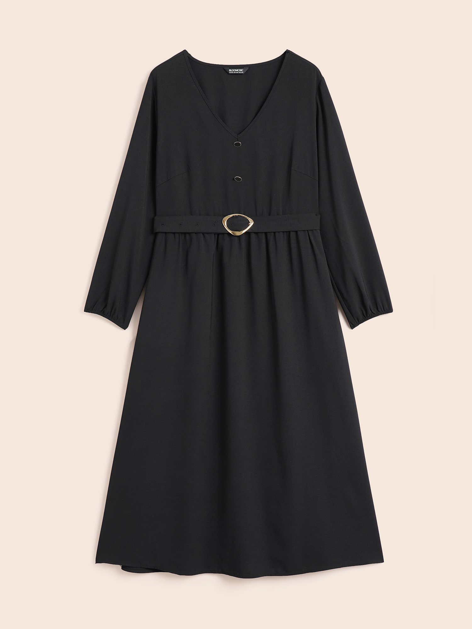 Plus Size V Neck Button Detail Belted Dress Black Women At the Office Belted V-neck Long Sleeve Curvy BloomChic 18-20/2X 