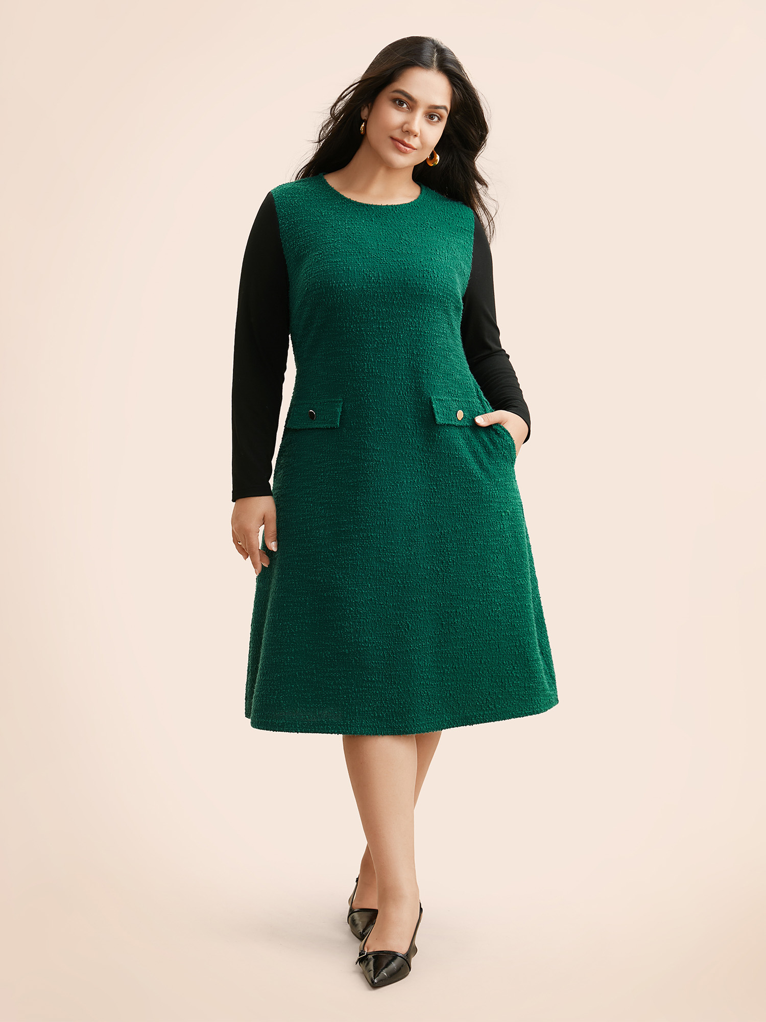 

Plus Size Textured Patchwork Flap Detail Dress DarkGreen Women Elegant Texture Round Neck Long Sleeve Curvy BloomChic